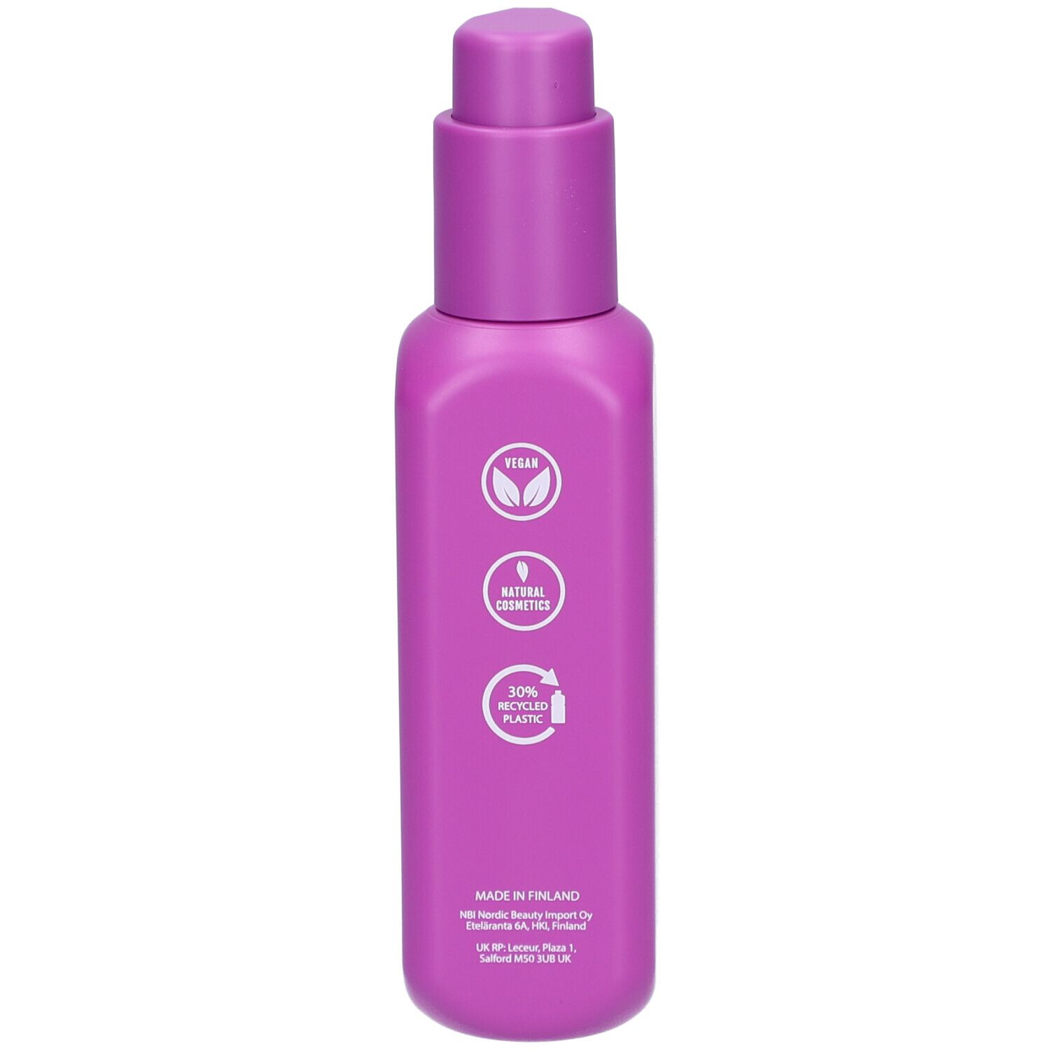 Rückseite einer rosa Flasche mit Pumpverschluss. Vegan-, Naturkosmetik- und Recycling-Symbole.