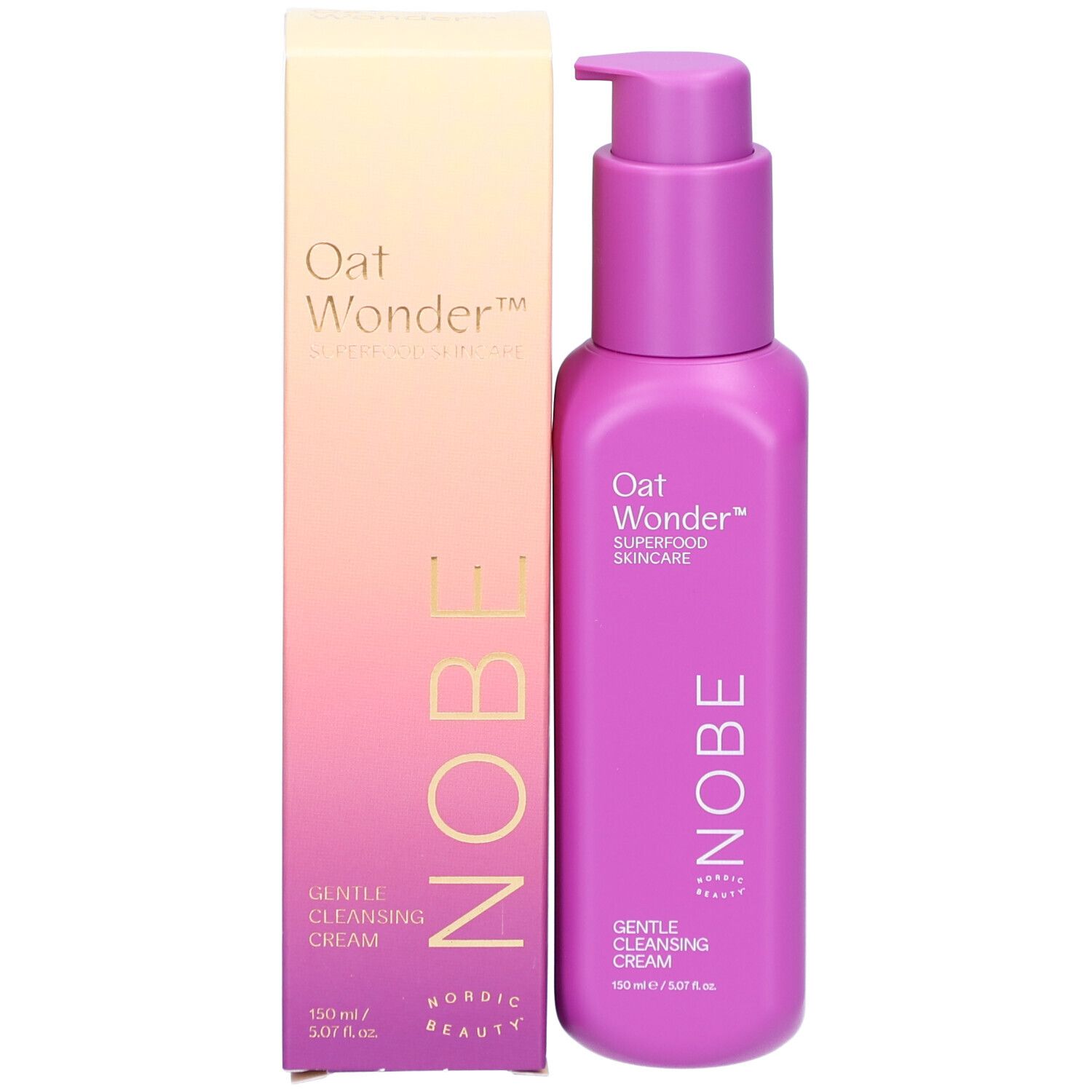 Rosa Flasche mit Pumpverschluss und Verpackung. Aufschrift: Oat Wonder, NOBE, Gentle Cleansing Cream.