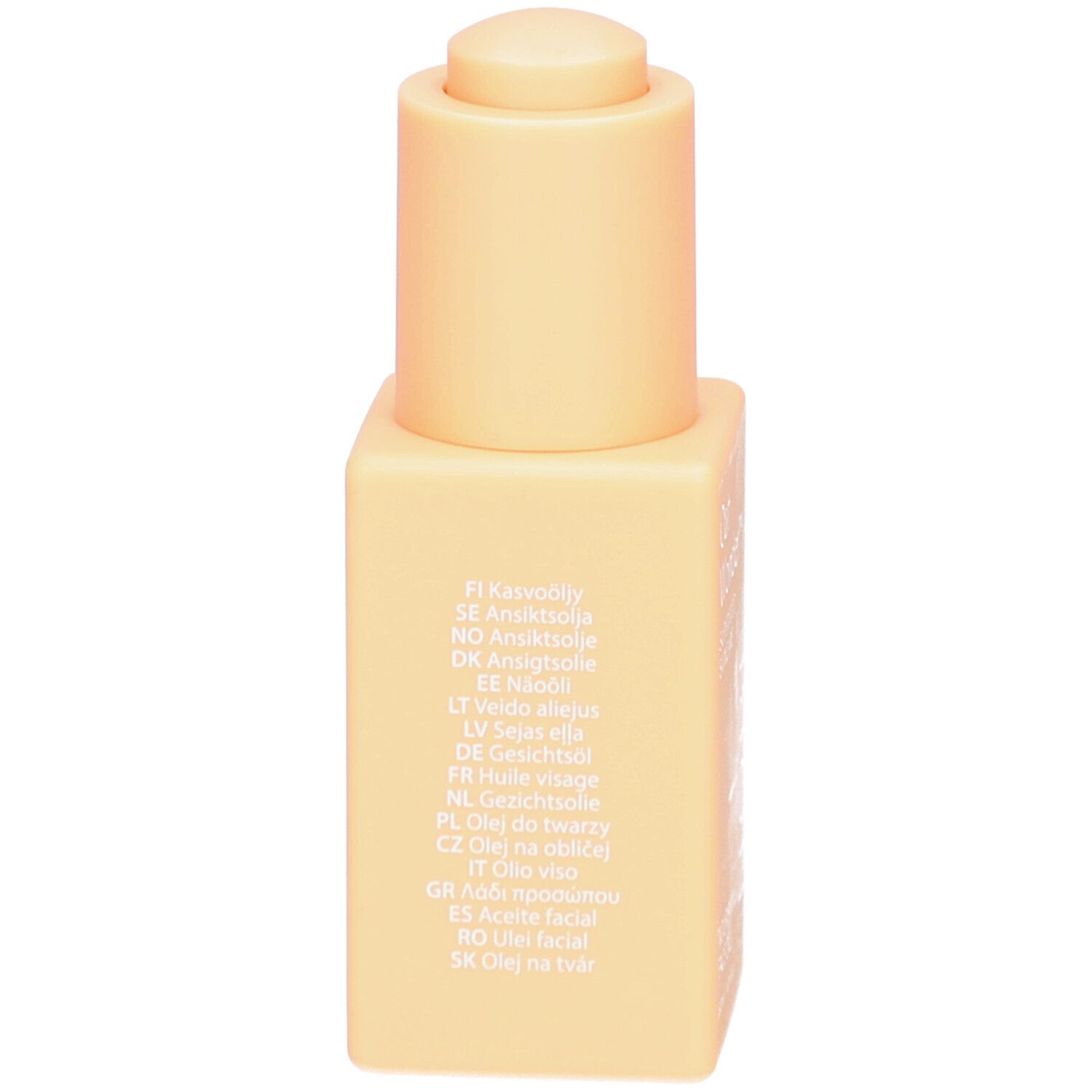Rückseite der Flasche. Mehrsprachige Auflistung von Produktbezeichnungen. Beige quadratische Flasche mit Pumpe.