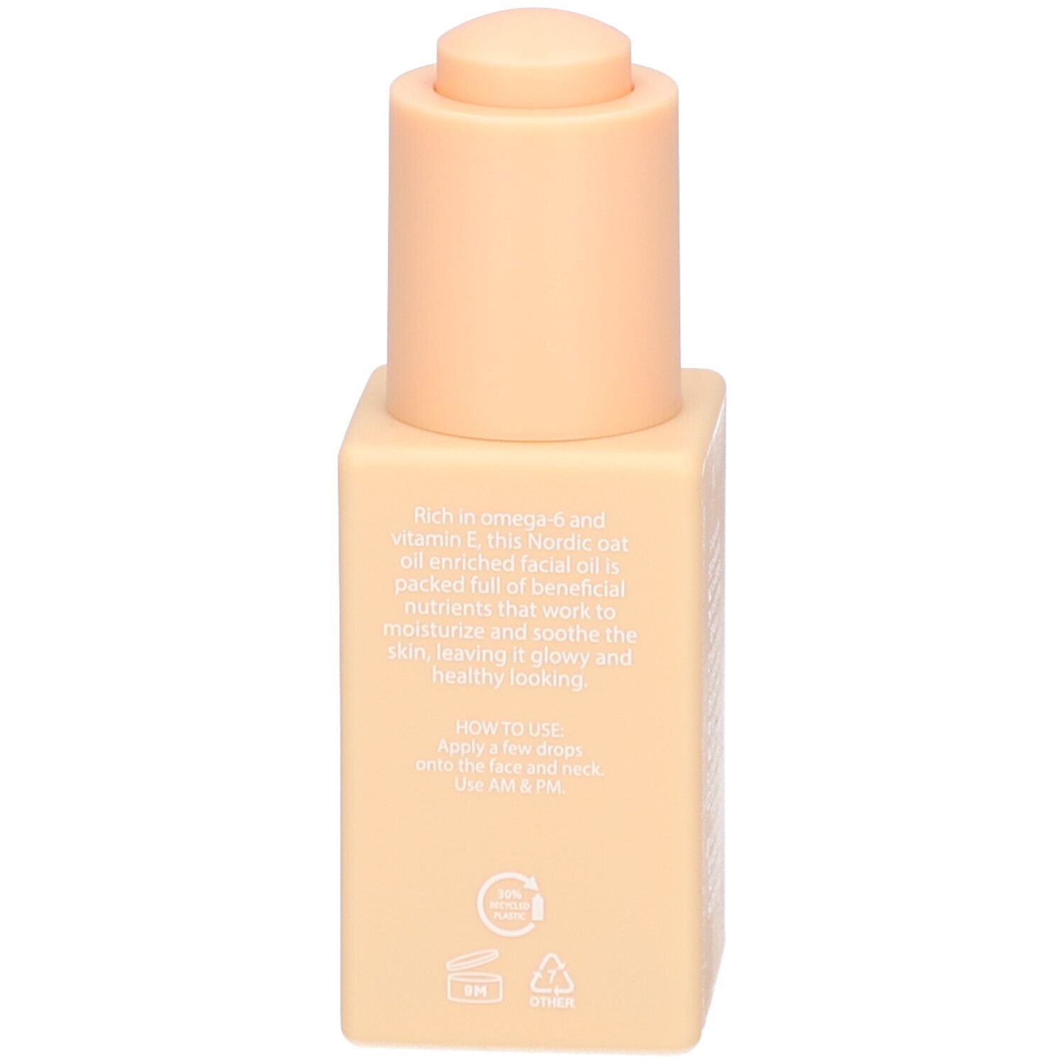 Rückseite der Flasche. Text über Inhaltsstoffe und Anwendung. Beige quadratische Flasche mit Pumpe.