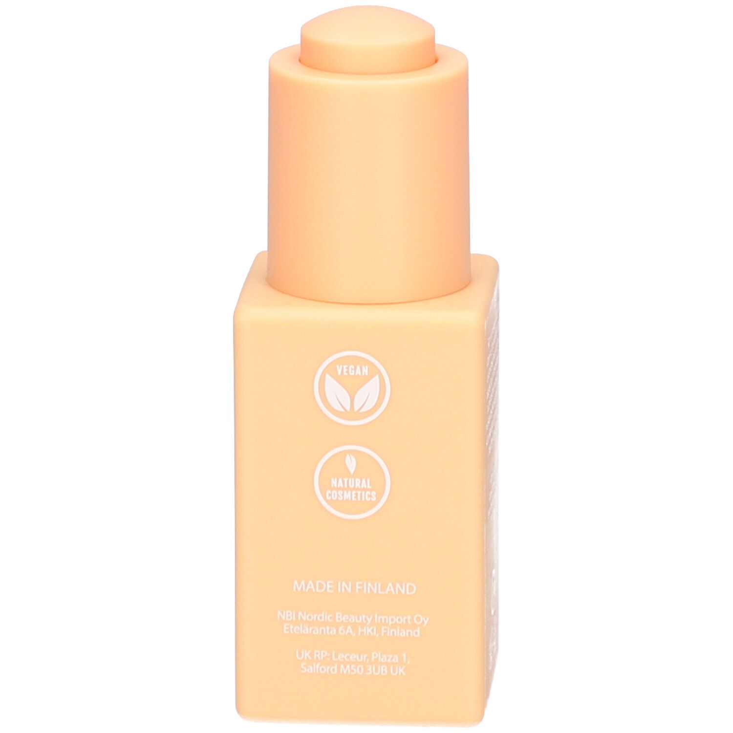 Rückseite der Flasche. Vegan- und Naturkosmetik-Siegel. Beige quadratische Flasche mit Pumpe.