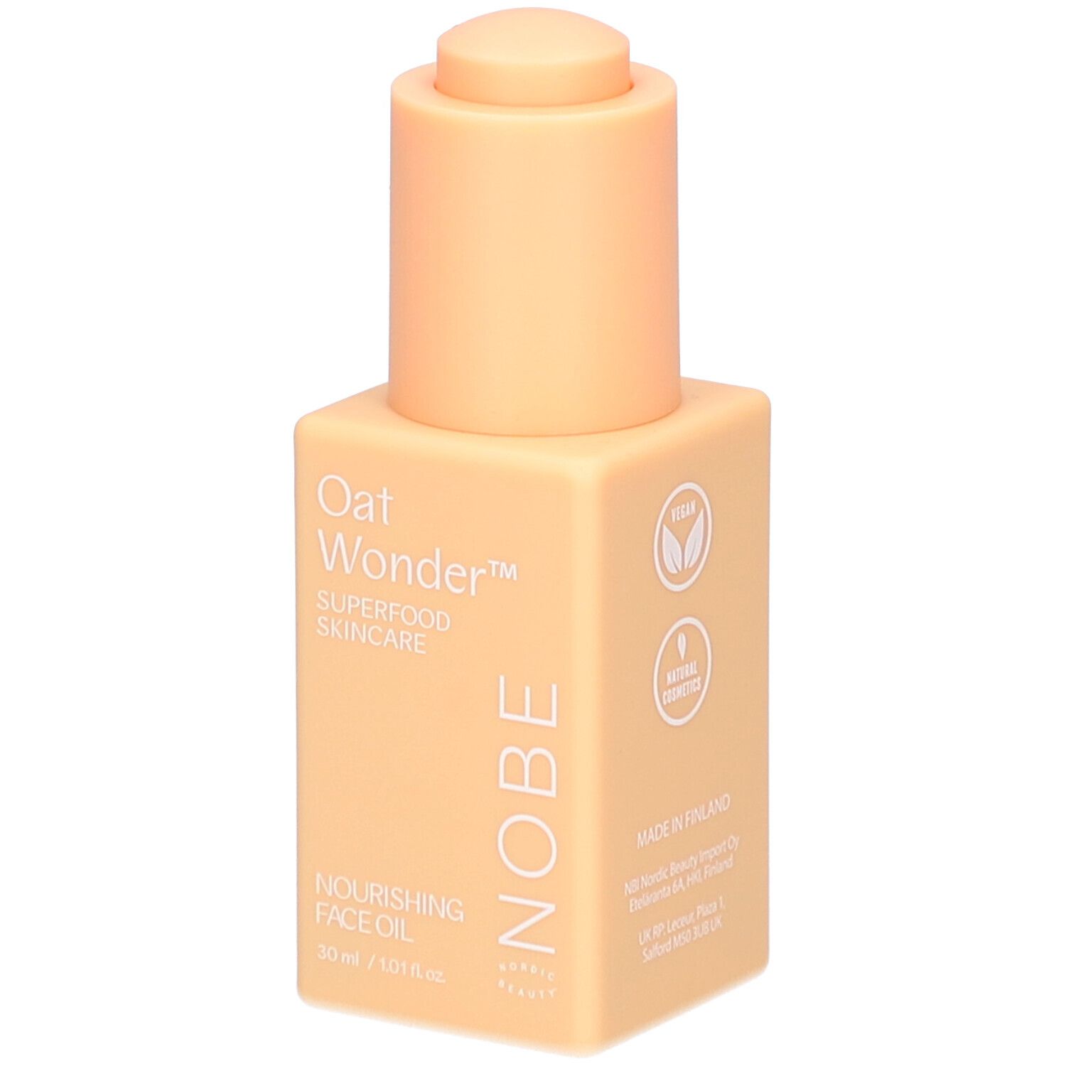 Beige quadratische Flasche mit Pumpe. Aufschrift: Oat Wonder, Superfood Skincare, Nourishing Face Oil, NOBE.