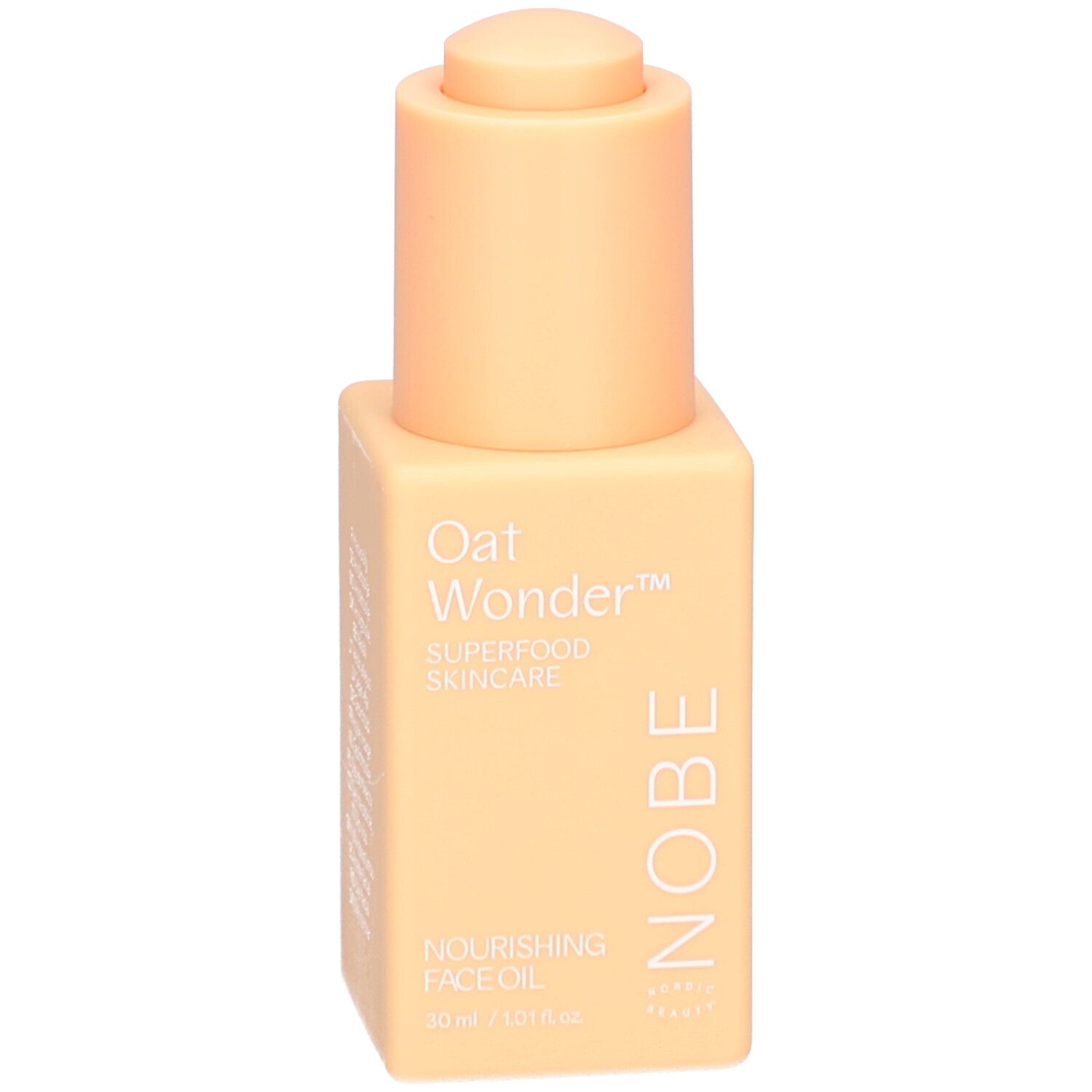 Beige quadratische Flasche mit Pumpe. Aufschrift: Oat Wonder, Superfood Skincare, Nourishing Face Oil, NOBE.