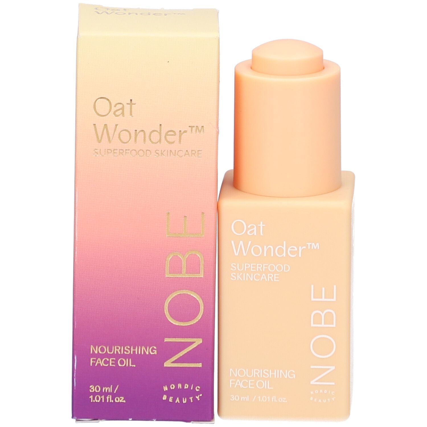 Produktverpackung und Flasche. Aufschrift: Oat Wonder, Superfood Skincare, Nourishing Face Oil, NOBE. Beige.