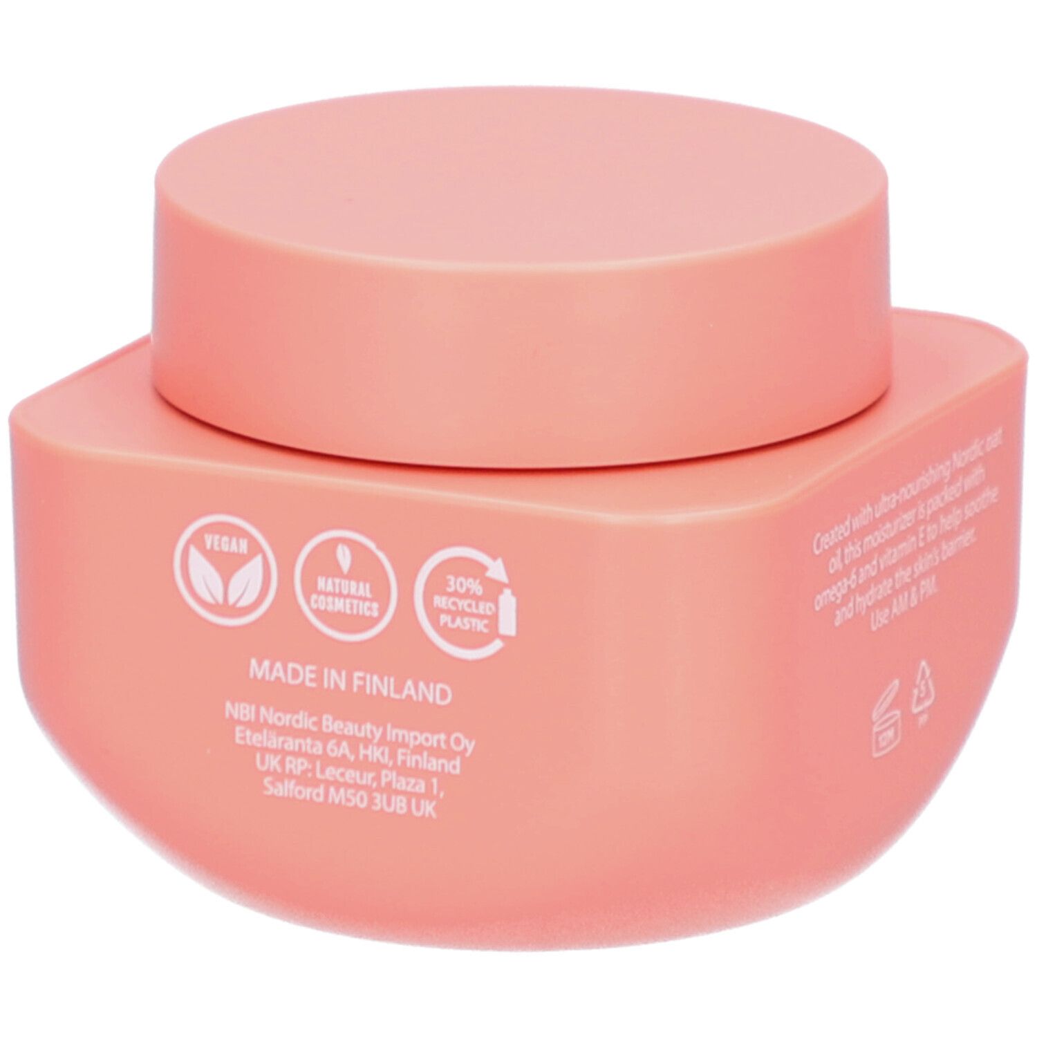Rosa Tiegel mit Deckel. Aufschrift: Vegan, Natural Cosmetics, 50% recyceltes Plastik. Made in Finland.