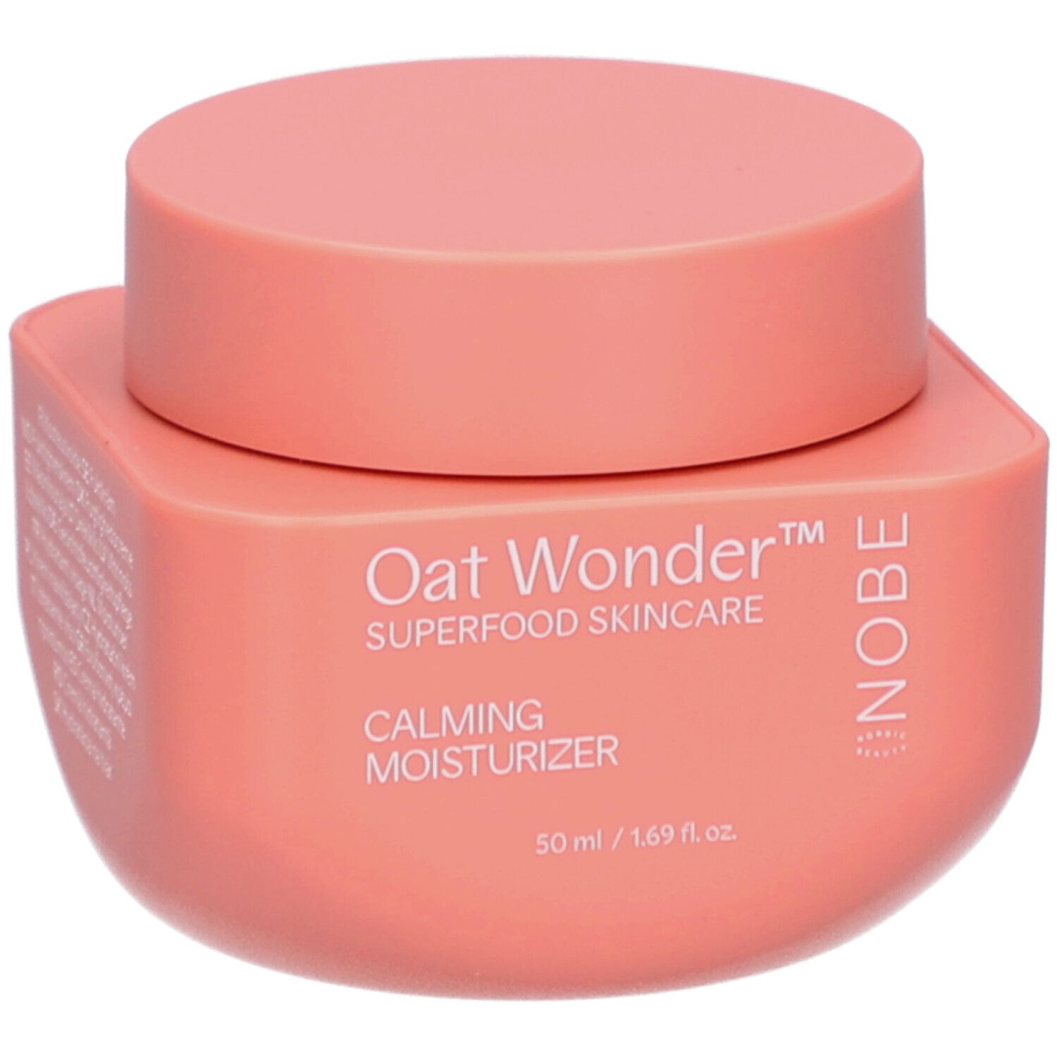 Rosa Tiegel mit Deckel. Aufschrift: Oat Wonder, Superfood Skincare, Calming Moisturizer. 50 ml / 1.69 fl. oz. NOBE-Logo.