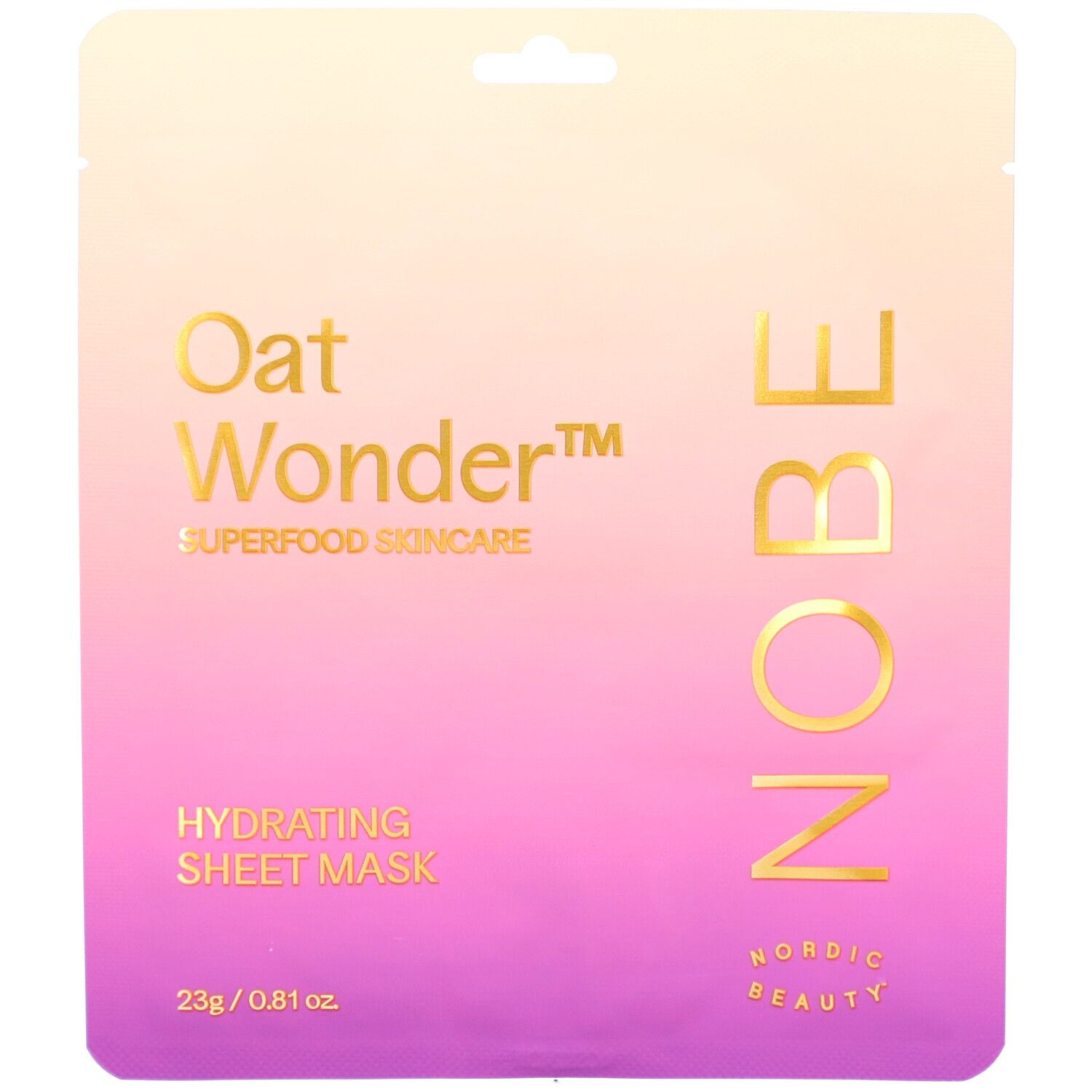Rosa-weißes Tuchmasken-Paket. Goldener Schriftzug: Oat Wonder, NOBE. Text: Hydrating Sheet Mask. 23g/0.81 oz.