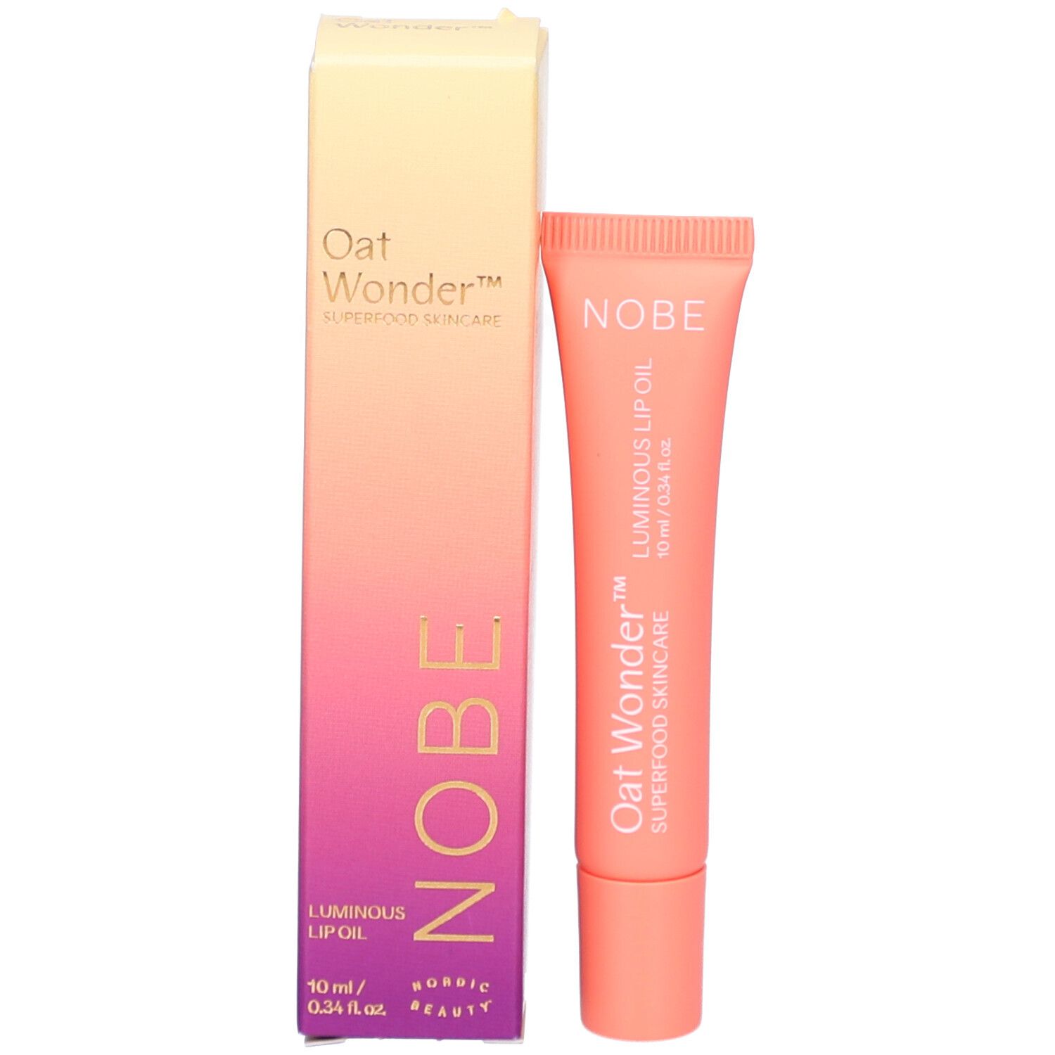Produktverpackung mit Tube. NOBE Oat Wonder Luminous Lip Oil. 10 ml. Superfood Skincare. Rosa-gelber Farbverlauf.