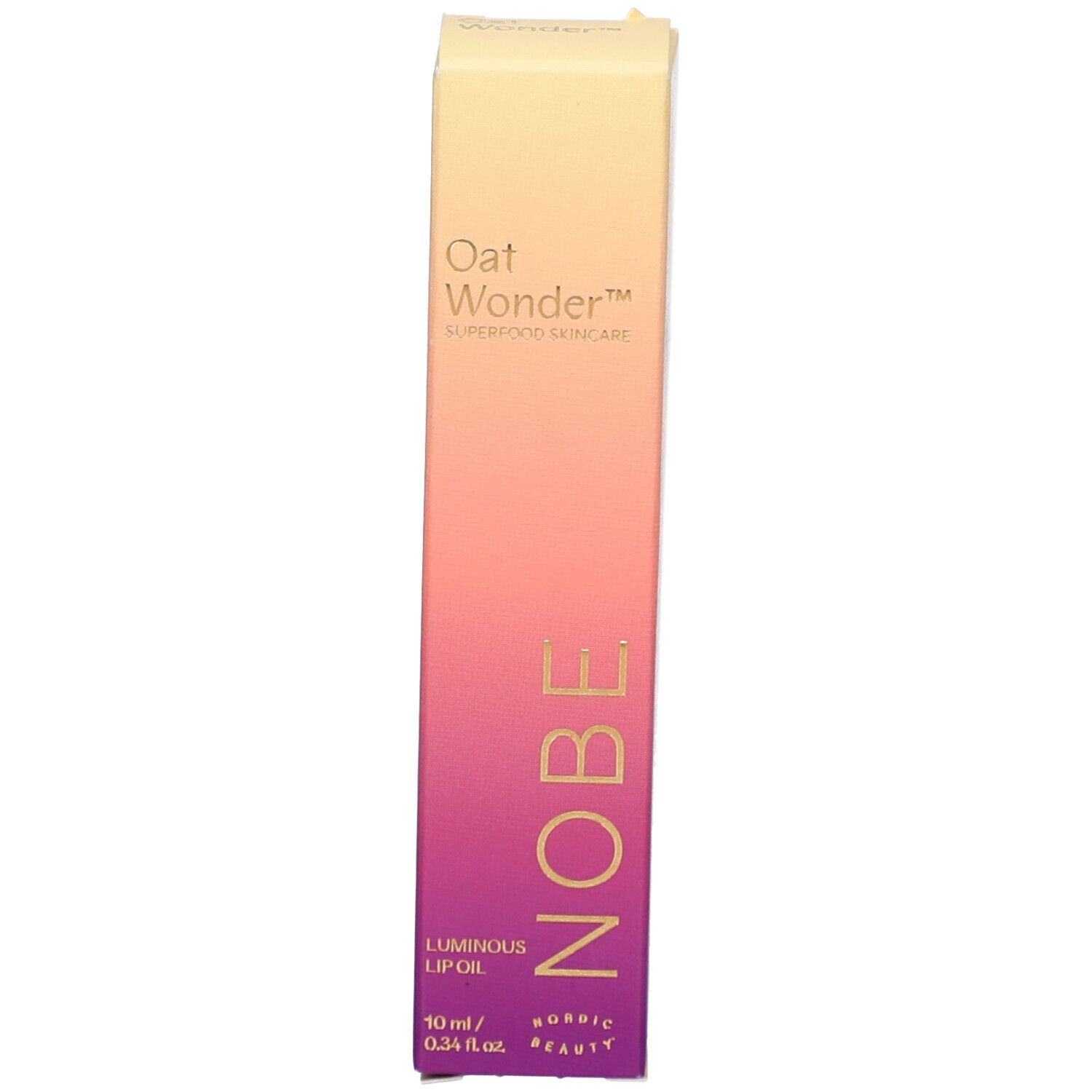 Produktverpackung. NOBE Oat Wonder Luminous Lip Oil. 10 ml. Superfood Skincare. Rosa-gelber Farbverlauf.