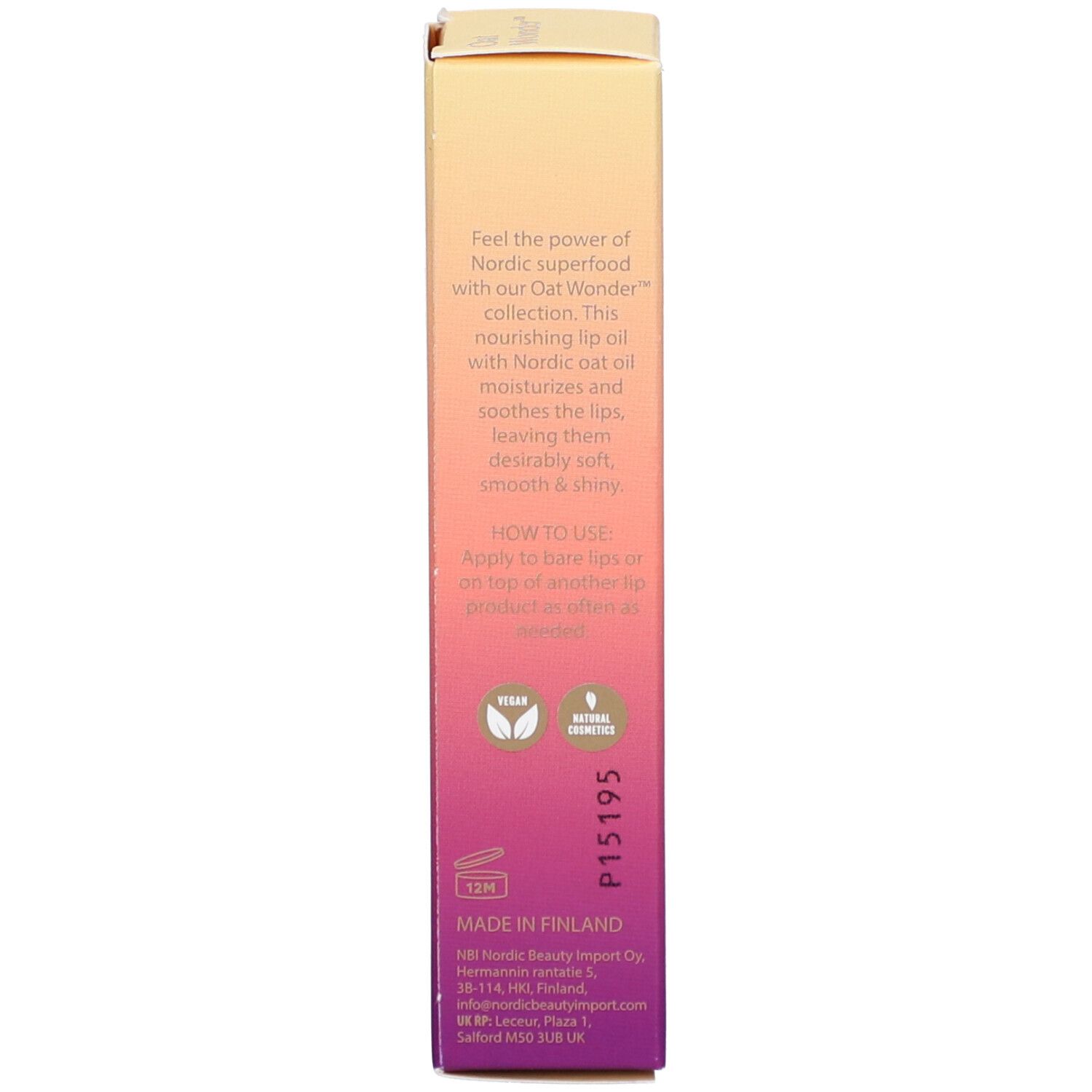Rückseite der Produktverpackung. Text über Inhaltsstoffe und Anwendung. Vegan- und Naturzeichen.