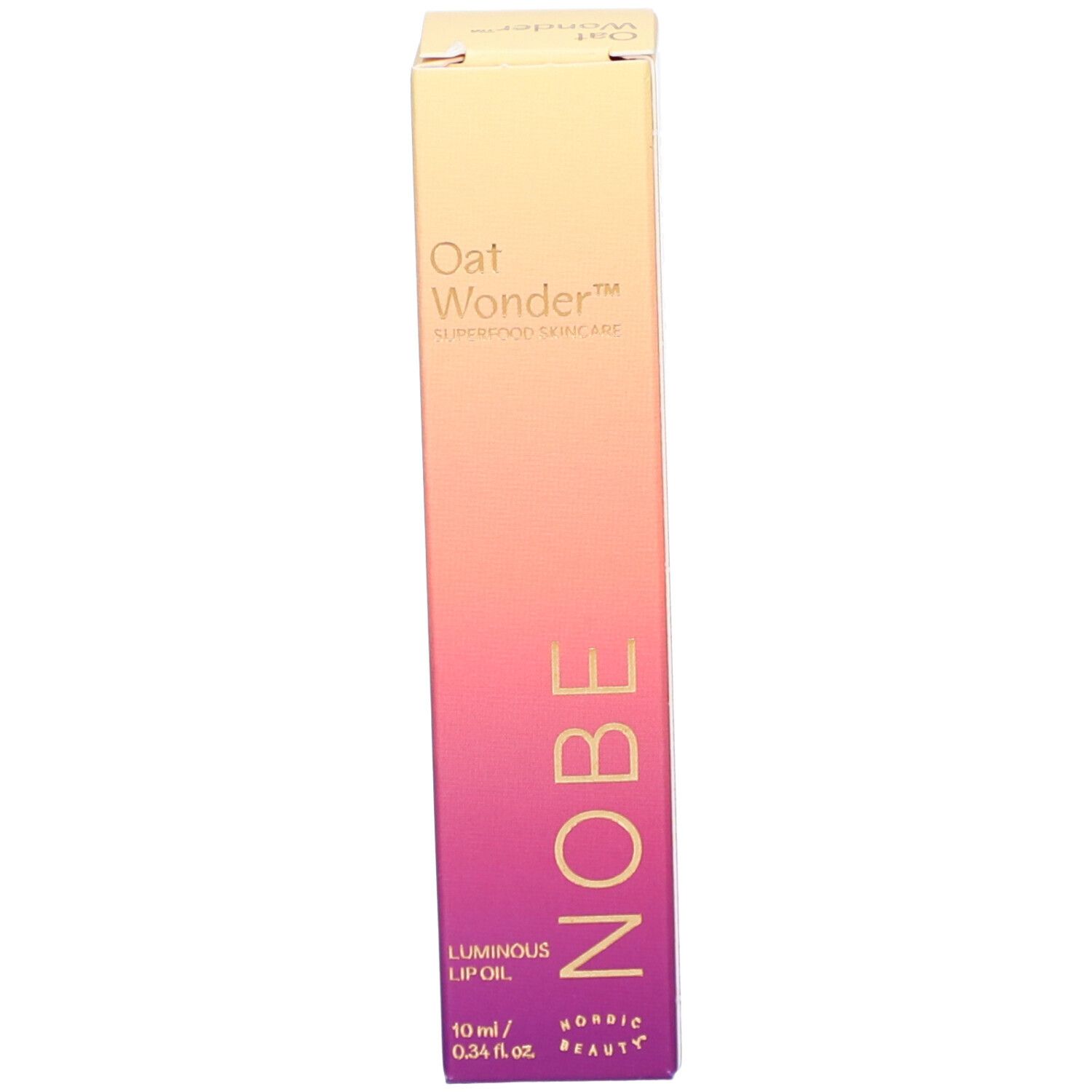 Produktverpackung. NOBE Oat Wonder Luminous Lip Oil. 10 ml. Superfood Skincare. Rosa-gelber Farbverlauf.