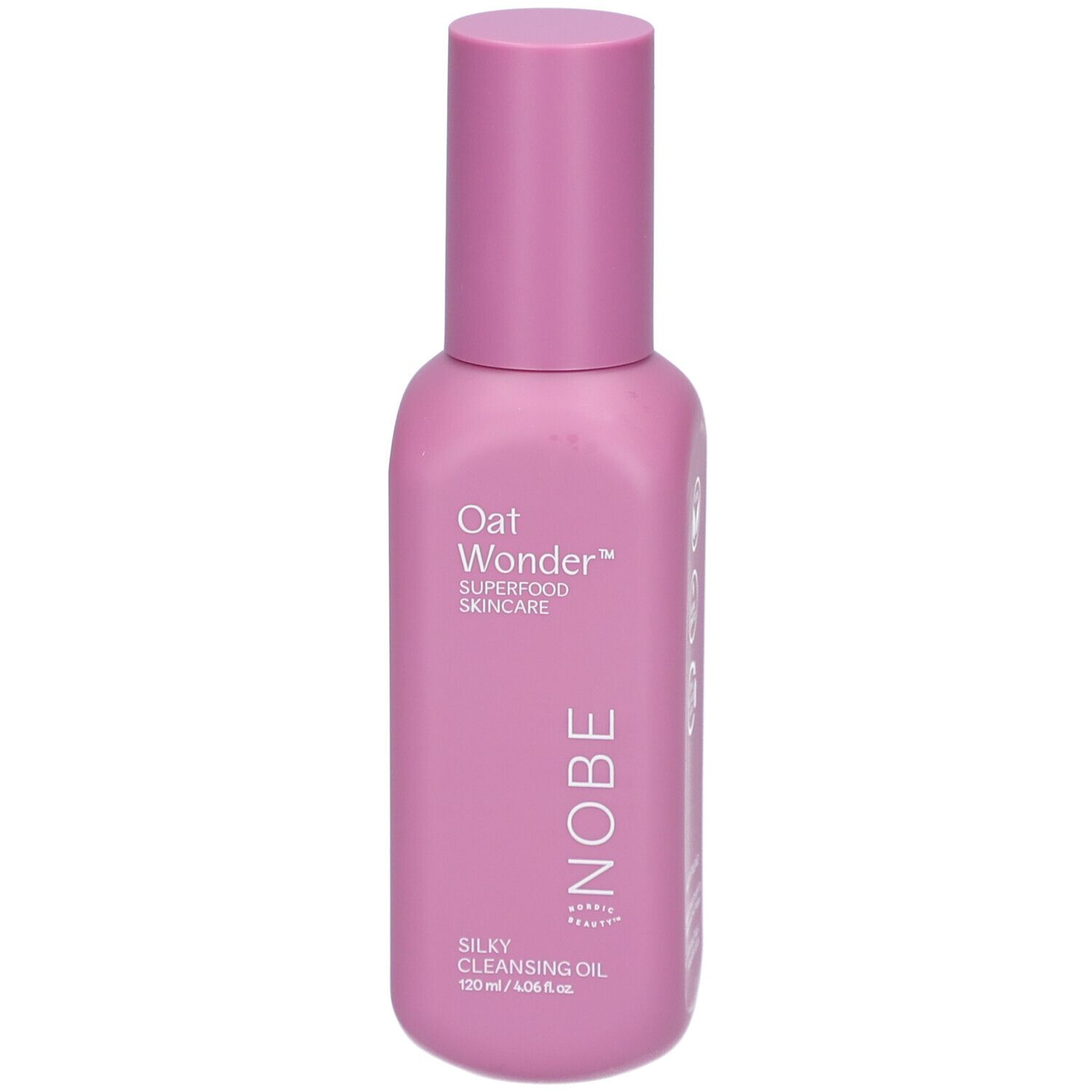 Rosa Flasche mit Sprühkopf. Aufschrift: Oat Wonder, Superfood Skincare, NOBE, Silky Cleansing Oil.