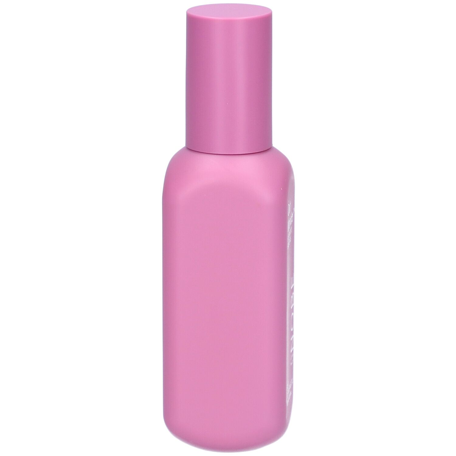 Rosa Flasche mit Sprühkopf. Seitenansicht. Keine Aufschriften sichtbar.
