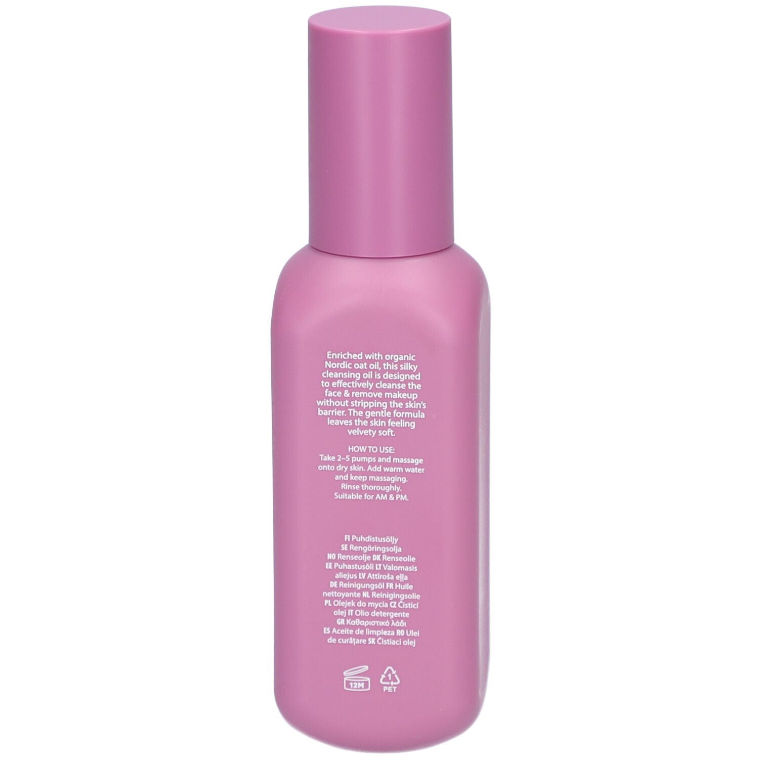 Rosa Flasche mit Sprühkopf. Rückseite mit Text. Enthält Informationen über das Produkt.