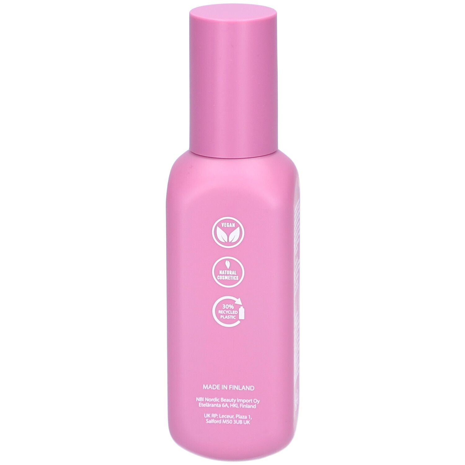 Rosa Flasche mit Sprühkopf. Rückseite mit Logos: Vegan, Natural Cosmetics, 50% Recycled.