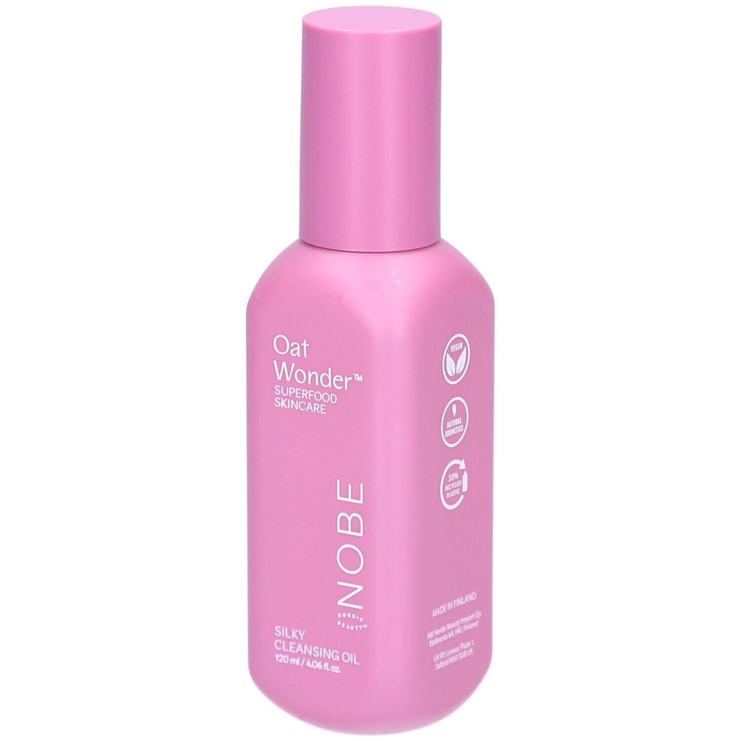 Rosa Flasche mit Sprühkopf. Aufschrift: Oat Wonder, Superfood Skincare, NOBE, Silky Cleansing Oil.