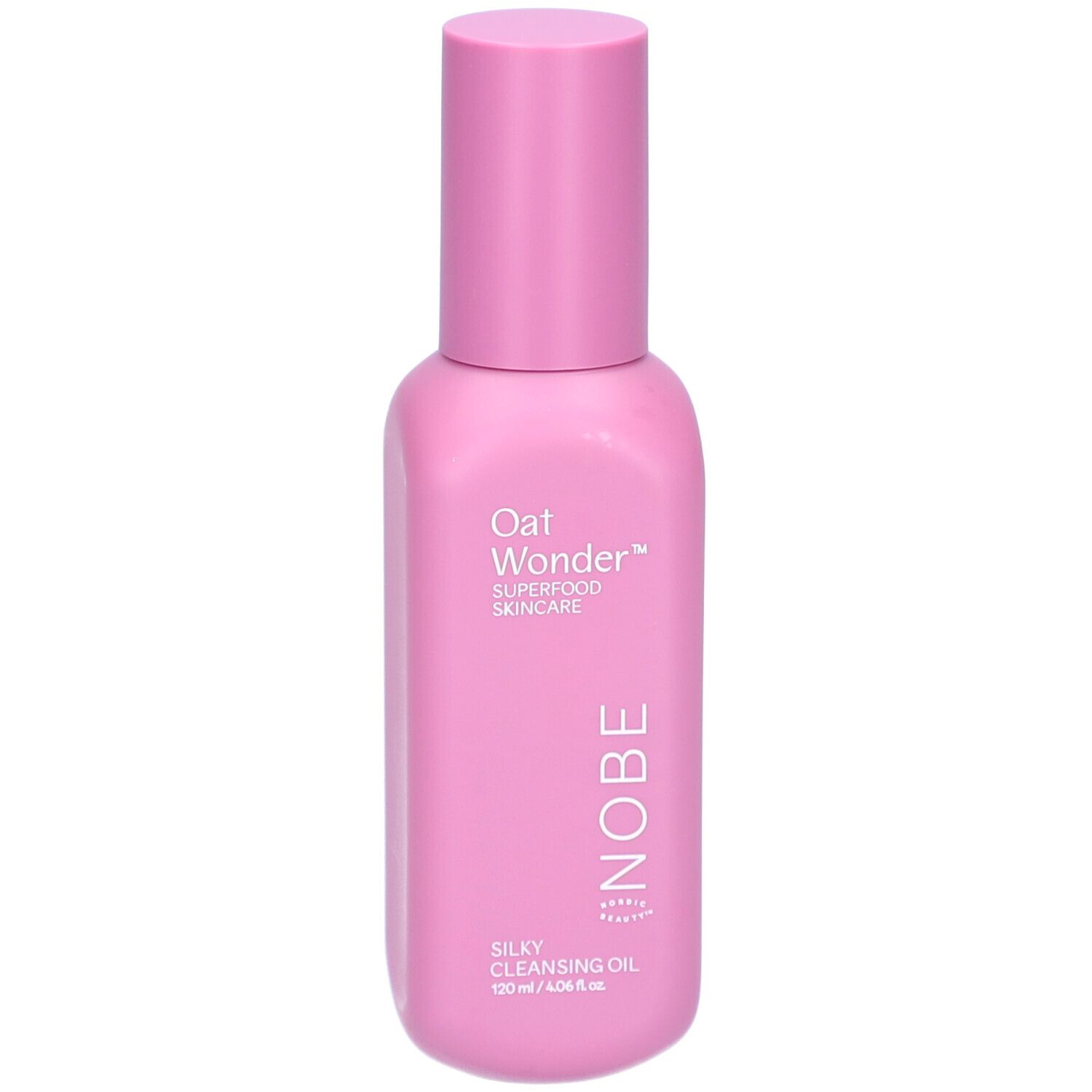 Rosa Flasche mit Sprühkopf. Aufschrift: Oat Wonder, Superfood Skincare, NOBE, Silky Cleansing Oil.