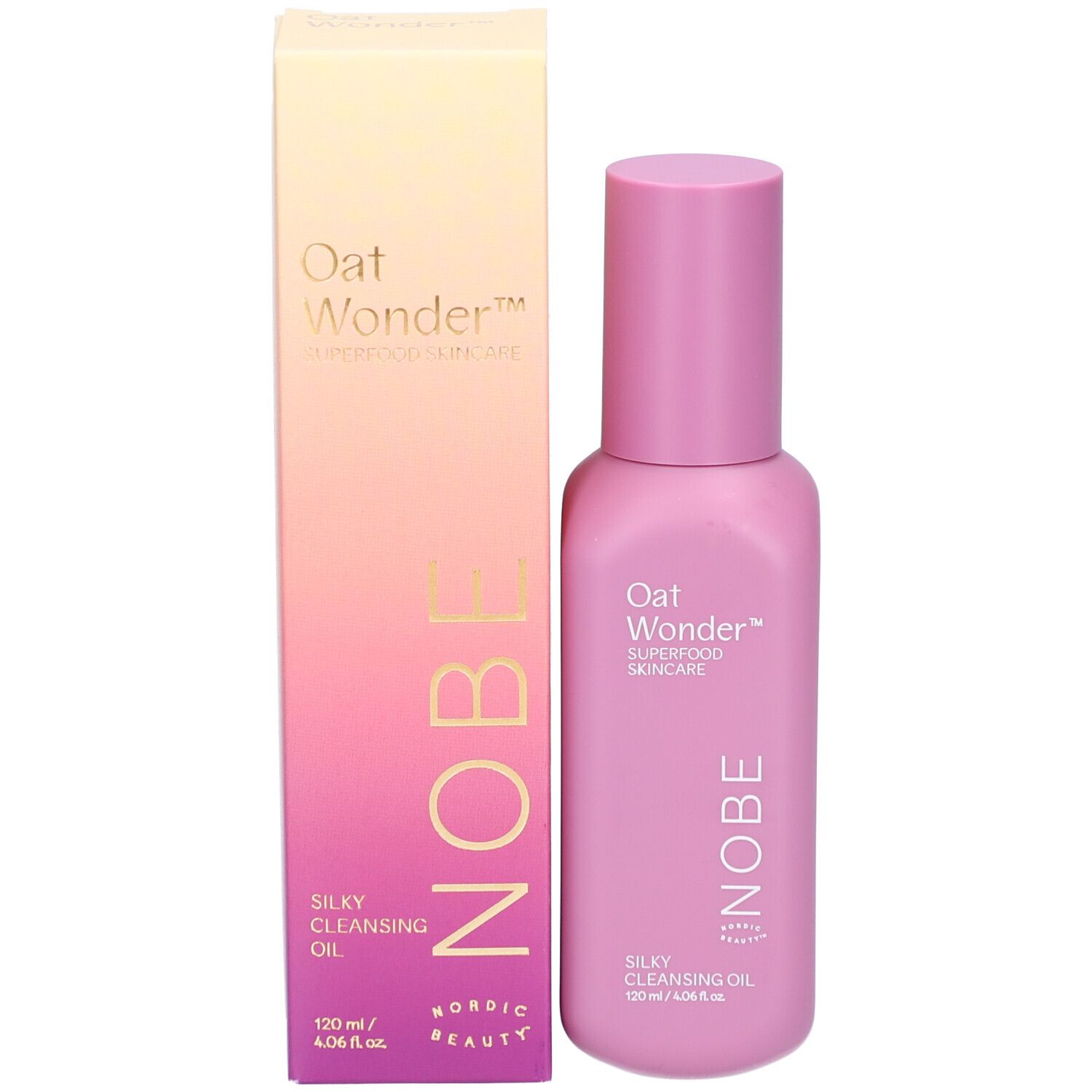 Rosa Flasche mit Sprühkopf und Verpackung. Aufschrift: Oat Wonder, NOBE, Silky Cleansing Oil.
