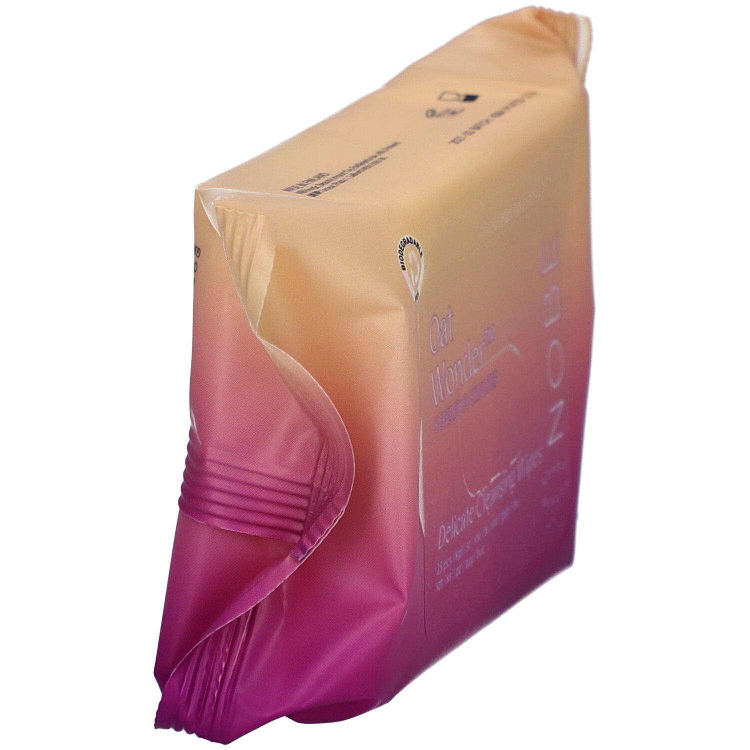Schrägansicht der Verpackung mit Reinigungstüchern. Farbverlauf von Gelb zu Pink. Aufschrift: Oat Wonder, NOBE.