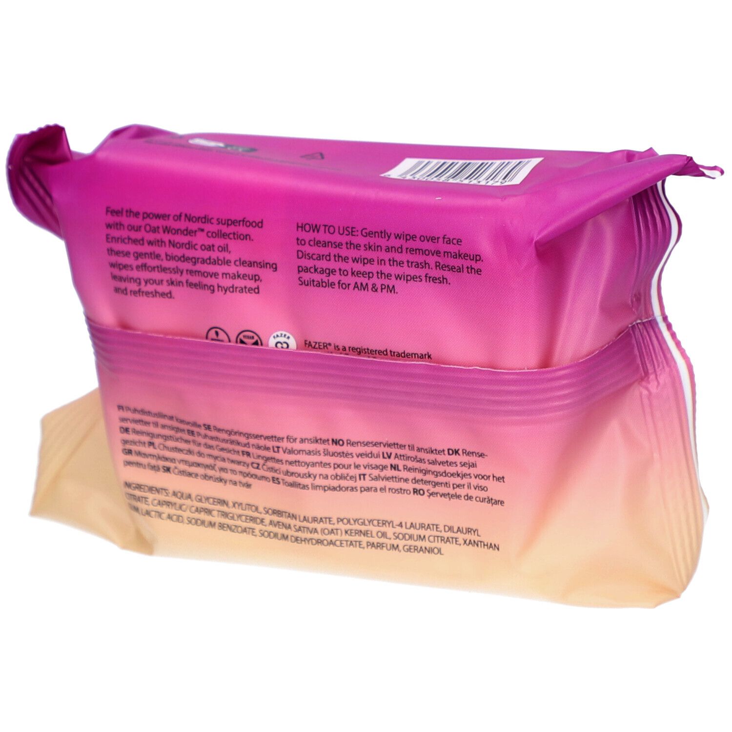 Rückseite der Verpackung mit Reinigungstüchern. Text in mehreren Sprachen. Aufschrift: Oat Wonder, Inhaltsstoffe, Anwendungshinweise.