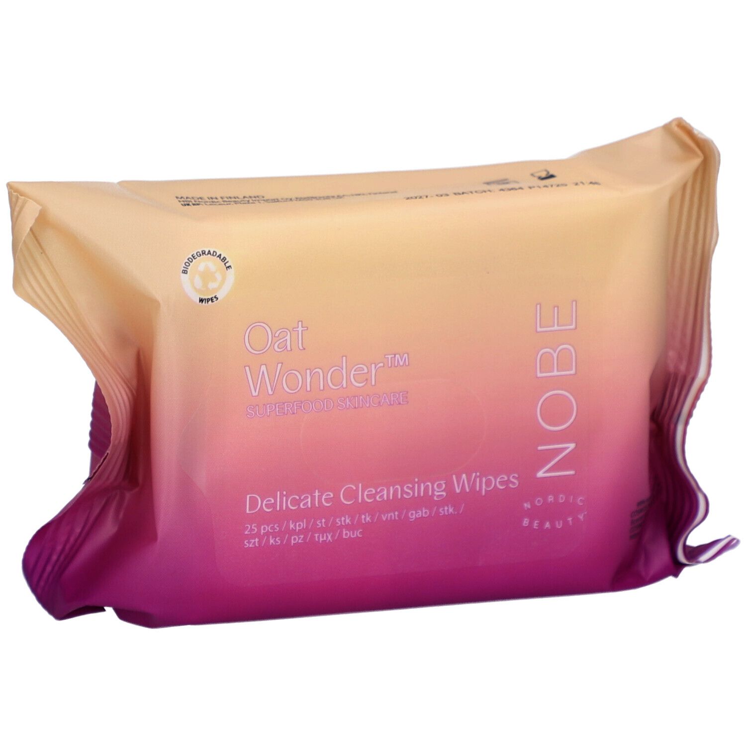 Verpackung mit Reinigungstüchern. Farbverlauf von Gelb zu Pink. Aufschrift: Oat Wonder, Delicate Cleansing Wipes, NOBE.