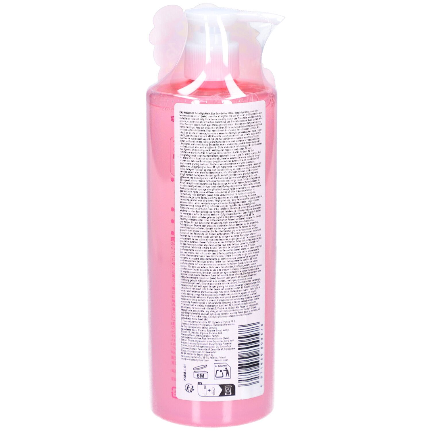 Rückansicht einer rosa Flasche mit weißem Verschluss. Text und Barcode auf der Rückseite.