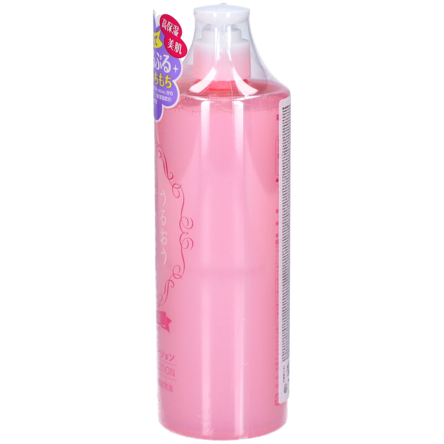 Rosa Flasche mit weißem Verschluss, in Folie verpackt. Auf der Rückseite Text.