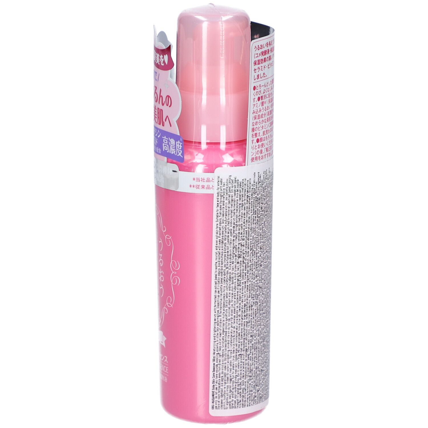 Rosa Flasche mit rosa Verschluss. Aufkleber mit japanischer Schrift. Produktname: Skin Care Essence. Seitenansicht.