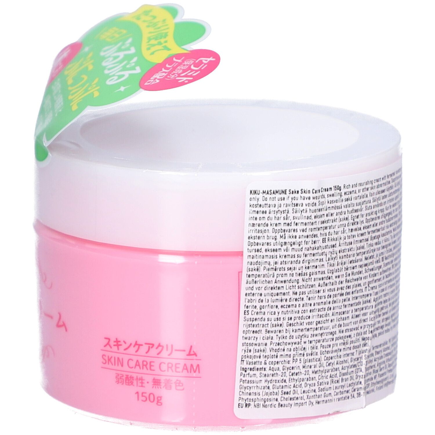 Rosa Creme-Dose mit weißem Deckel. Aufkleber teilweise geöffnet. Text und Schriftzeichen auf der Rückseite.