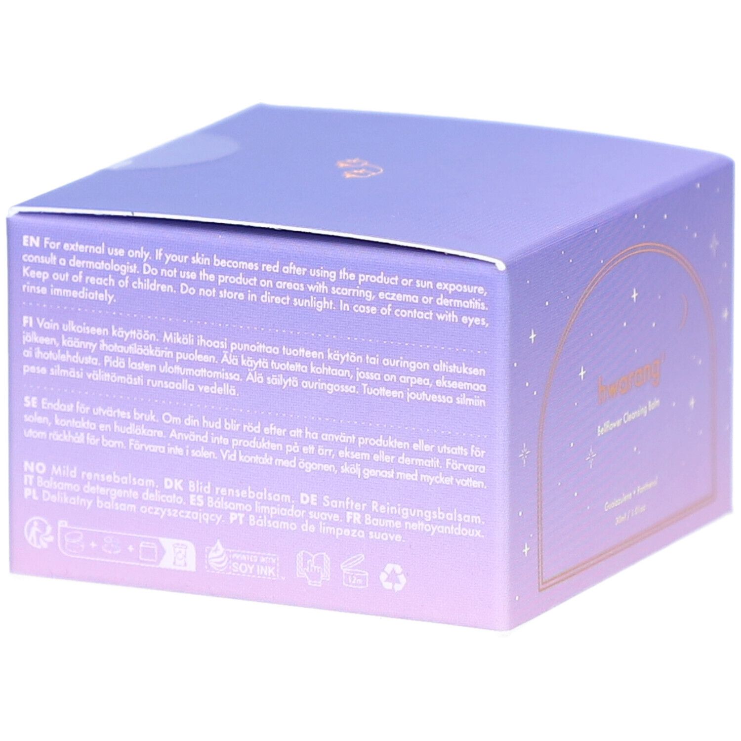 Rückseite der violetten Produktverpackung. Text in mehreren Sprachen. Warnhinweise und Informationen zur Anwendung.