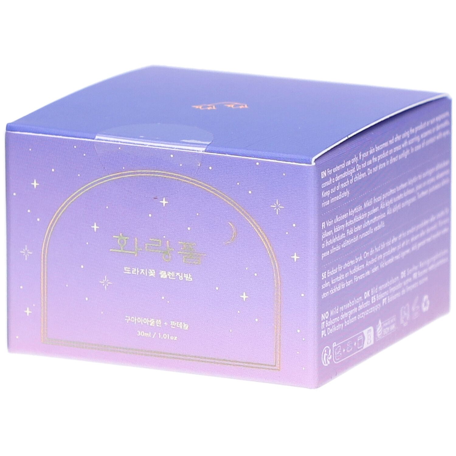 Violette Produktverpackung mit goldfarbenem Rahmen und Sternen. Koreanischer Text und Aufschrift: Hwarang' Bellflower Cleansing Balm.