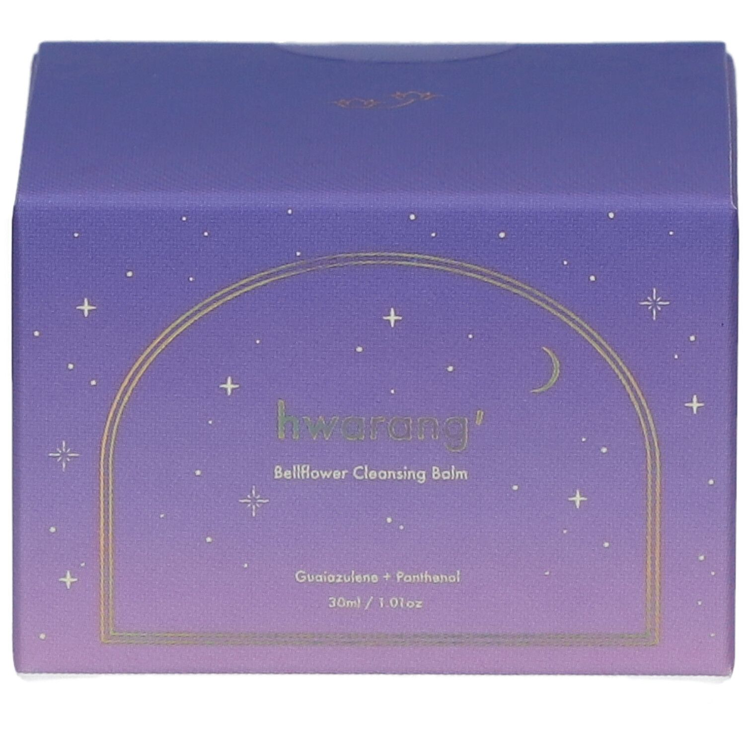 Violette Produktverpackung mit goldfarbenem Rahmen und Sternen. Aufschrift: Hwarang' Bellflower Cleansing Balm. 30ml.