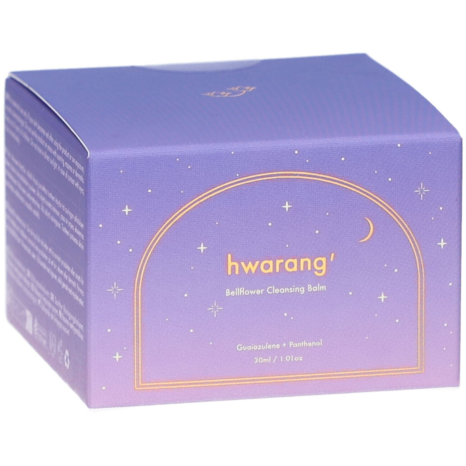 Violette Produktverpackung mit goldfarbenem Rahmen und Sternen. Aufschrift: Hwarang' Bellflower Cleansing Balm. 30ml.