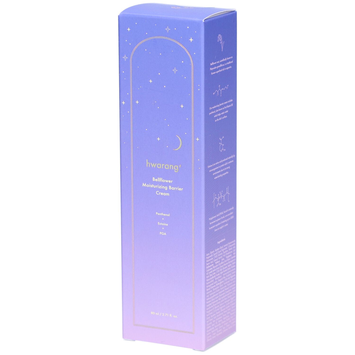 Verpackung mit Produktnamen und -details. Farbverlauf von Lila nach Weiß. Sterne und Mond-Design.