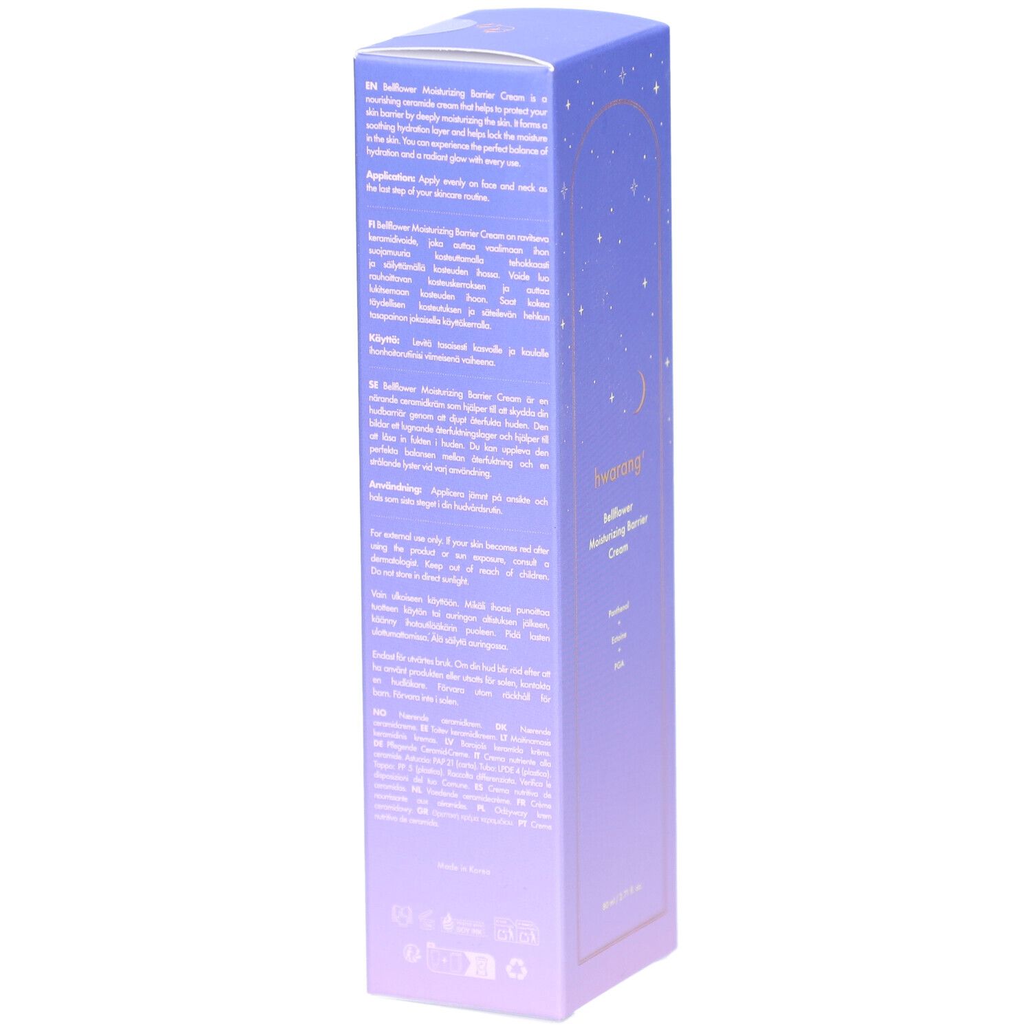 Rückseite der Produktverpackung. Text in mehreren Sprachen. Farbverlauf von Lila nach Weiß.