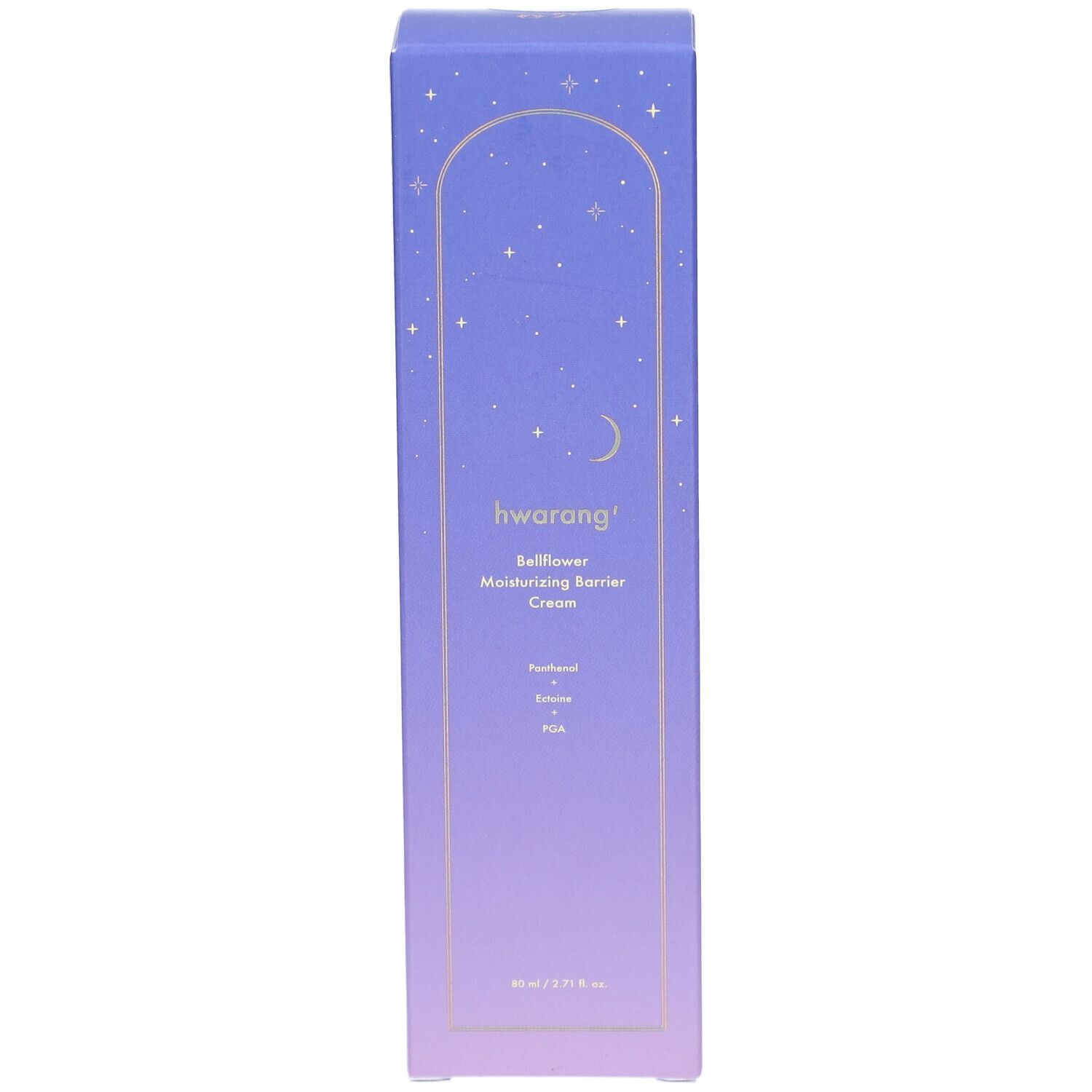 Produktverpackung mit Produktnamen und -details. Farbverlauf von Lila nach Weiß. Sterne und Mond-Design.