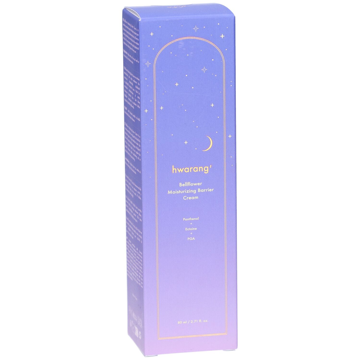 Produktverpackung mit Produktnamen und -details. Farbverlauf von Lila nach Weiß. Sterne und Mond-Design.