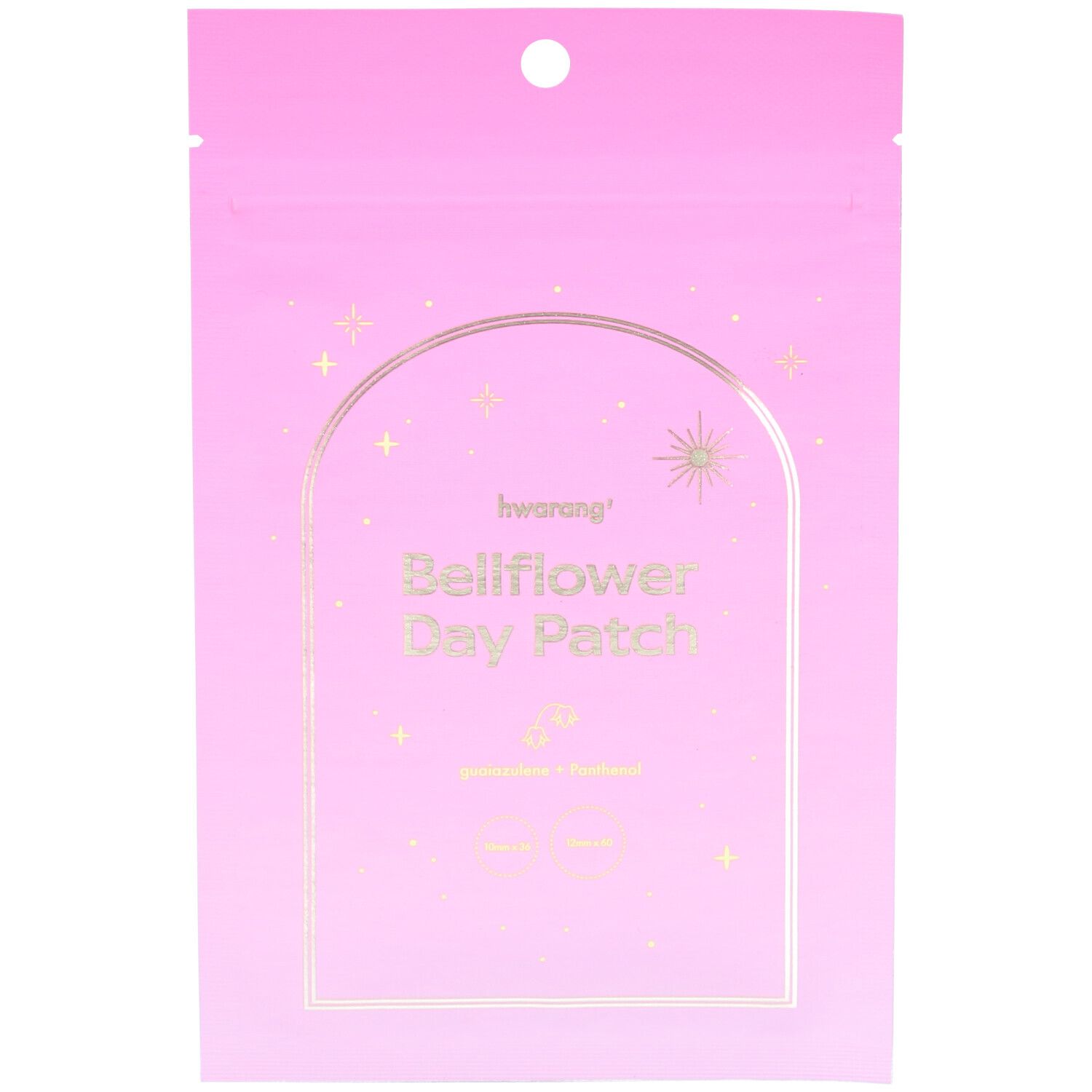 Rosa Verpackung mit goldfarbenem Aufdruck. Schriftzug: Hwarang Bellflower Day Patch. Sterne und ein Bogen zieren die Vorderseite.