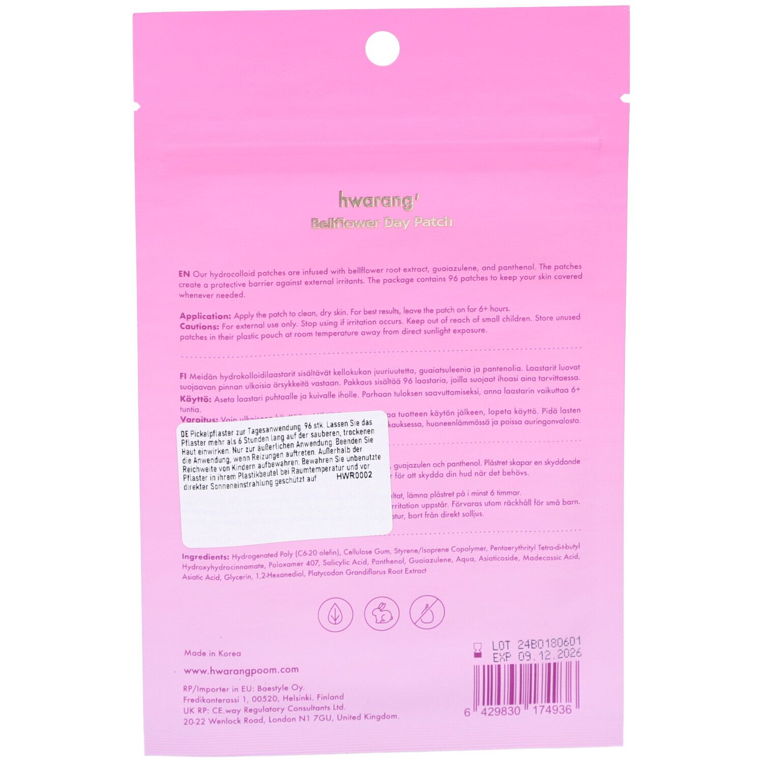 Rückseite der rosa Verpackung. Text in mehreren Sprachen. Enthält Informationen zu Inhaltsstoffen und Anwendung.