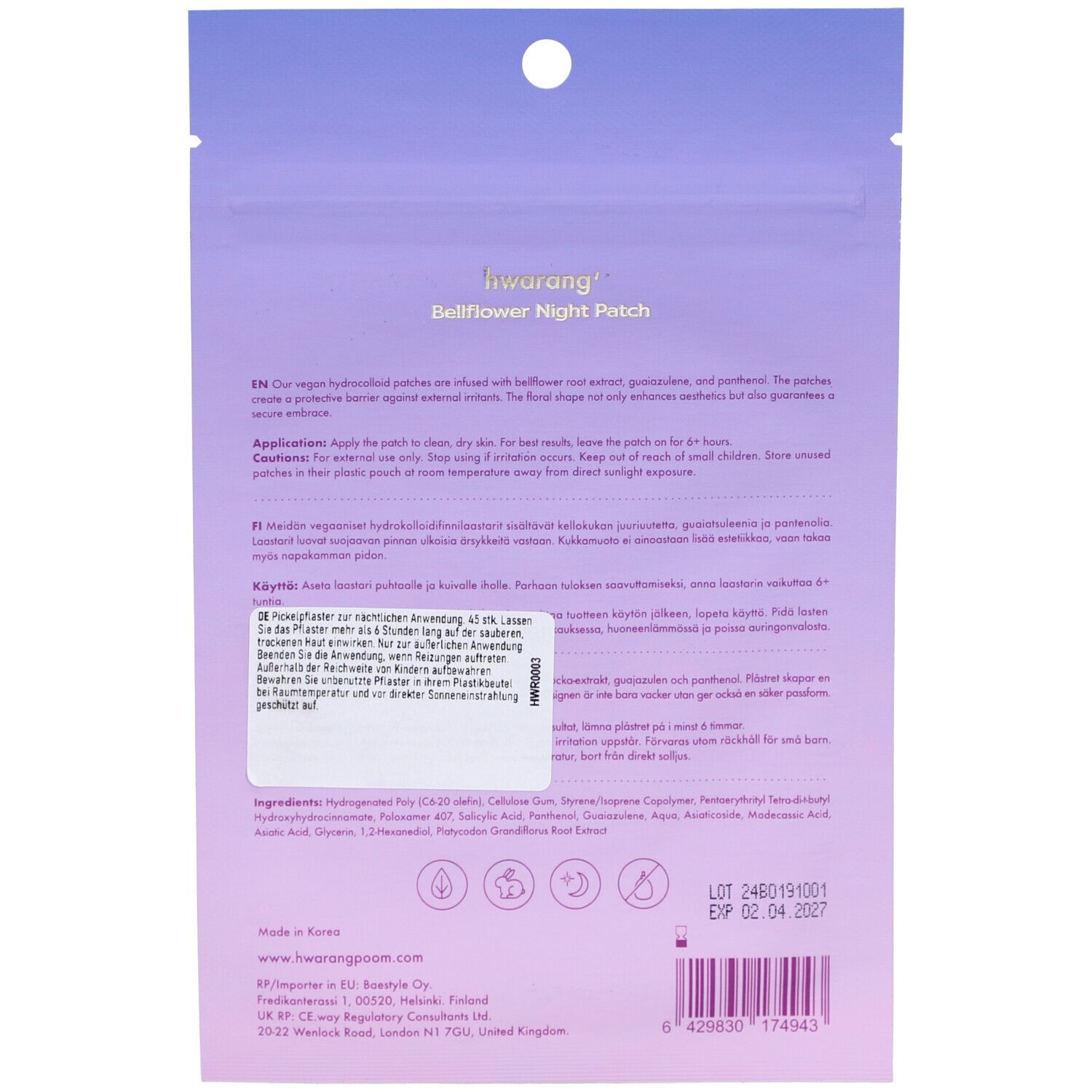 Rückseite der Verpackung. Text in mehreren Sprachen. Zutatenliste und Anwendungshinweise. Haltbarkeitsdatum.