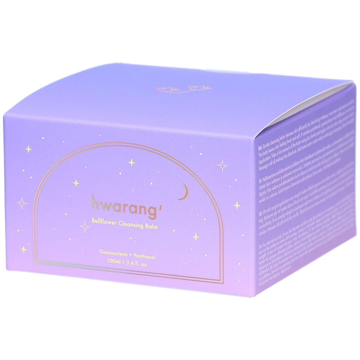 Lila Verpackung mit goldfarbenem Schriftzug. 'hwarang' und 'Bellflower Cleansing Balm' sind sichtbar. Sterne und Mond-Design.