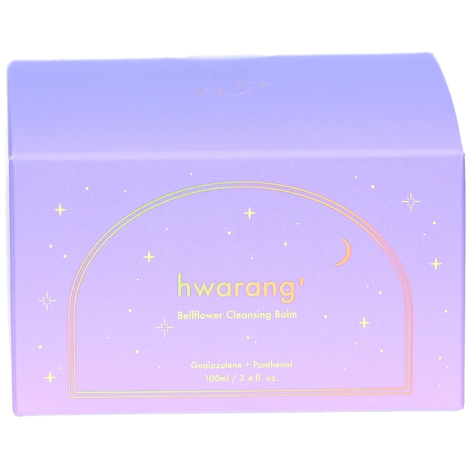 Lila Verpackung mit goldfarbenem Schriftzug. 'hwarang' und 'Bellflower Cleansing Balm' sind sichtbar. Sterne und Mond-Design.