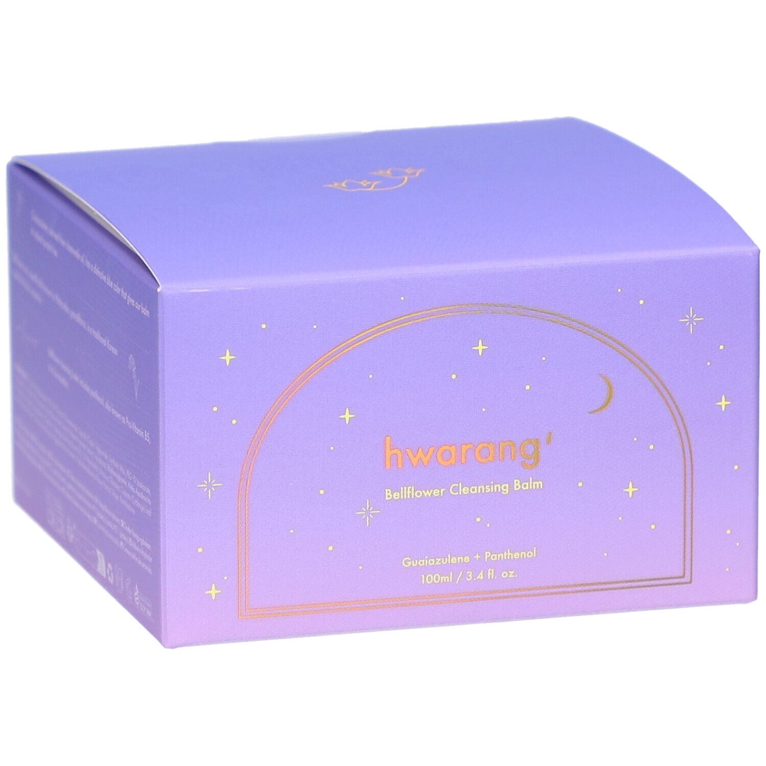 Lila Verpackung mit goldfarbenem Schriftzug. 'hwarang' und 'Bellflower Cleansing Balm' sind sichtbar. Sterne und Mond-Design.