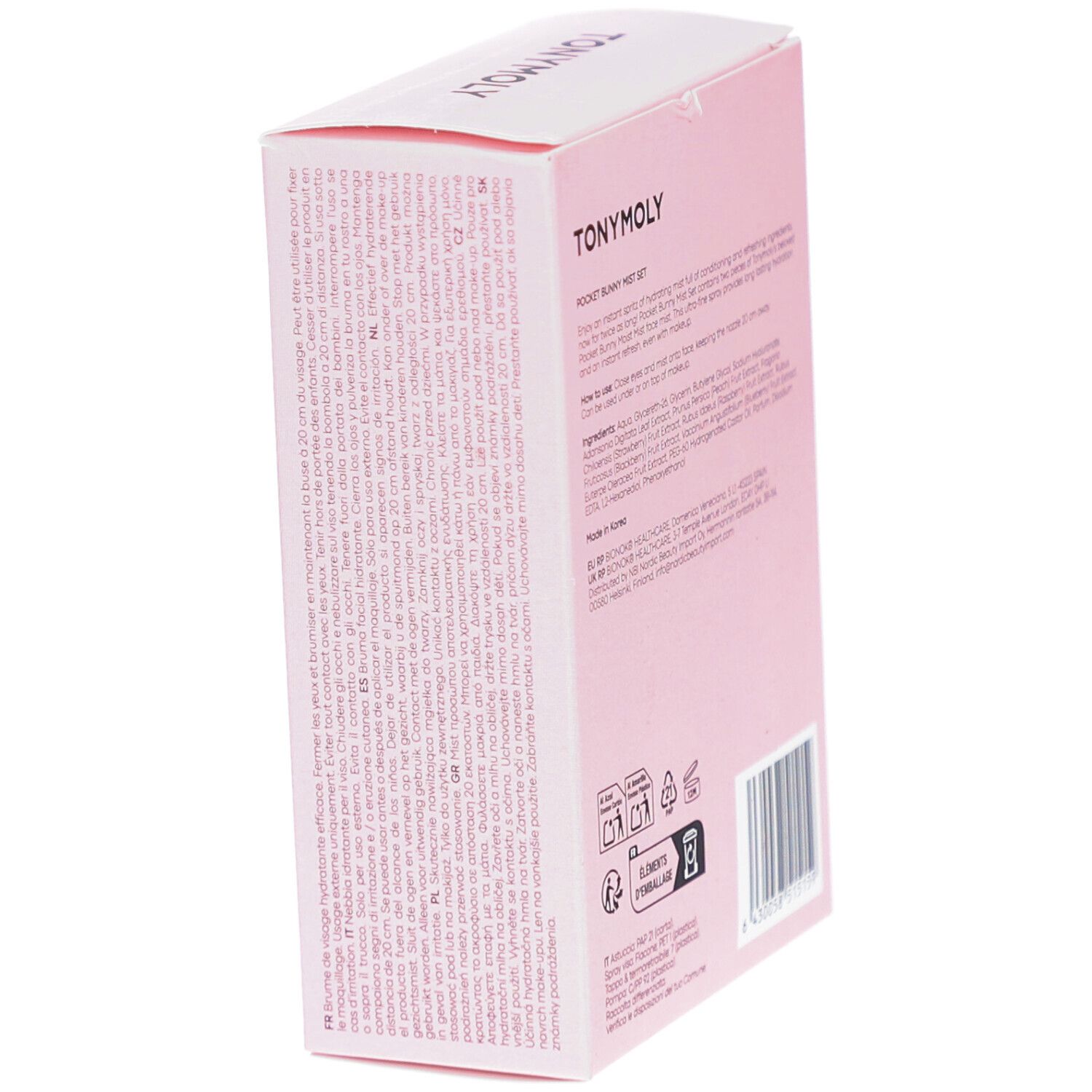 Seitenansicht der rosa Verpackung. Kleingedruckter Text mit Produktinformationen. Text: TONYMOLY, POCKET BUNNY.