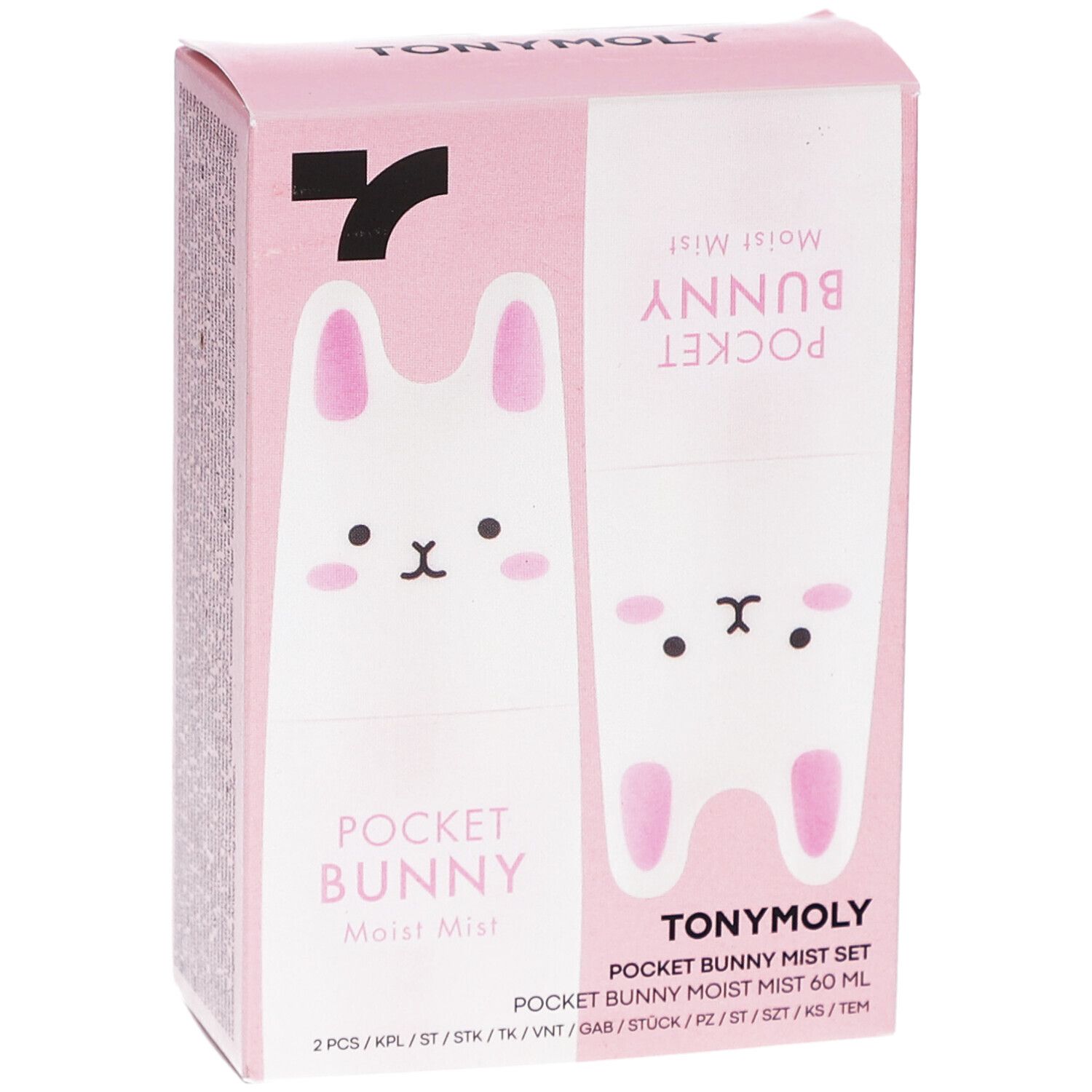 Rosa Verpackung mit Kaninchen-Illustrationen und Produktnamen. Text: POCKET BUNNY, TONYMOLY, Moist Mist Set.