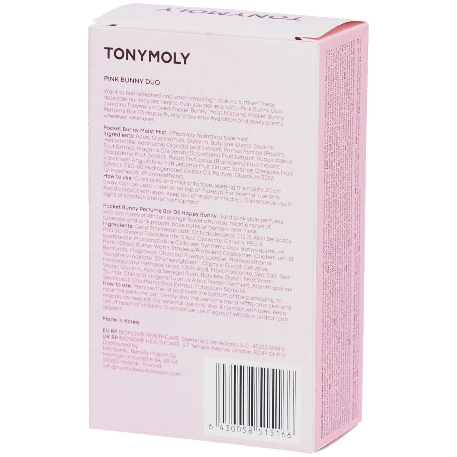 Rückseite der rosa Verpackung. Produktnamen, Inhaltsstoffe und Herstellerinformationen sind sichtbar.