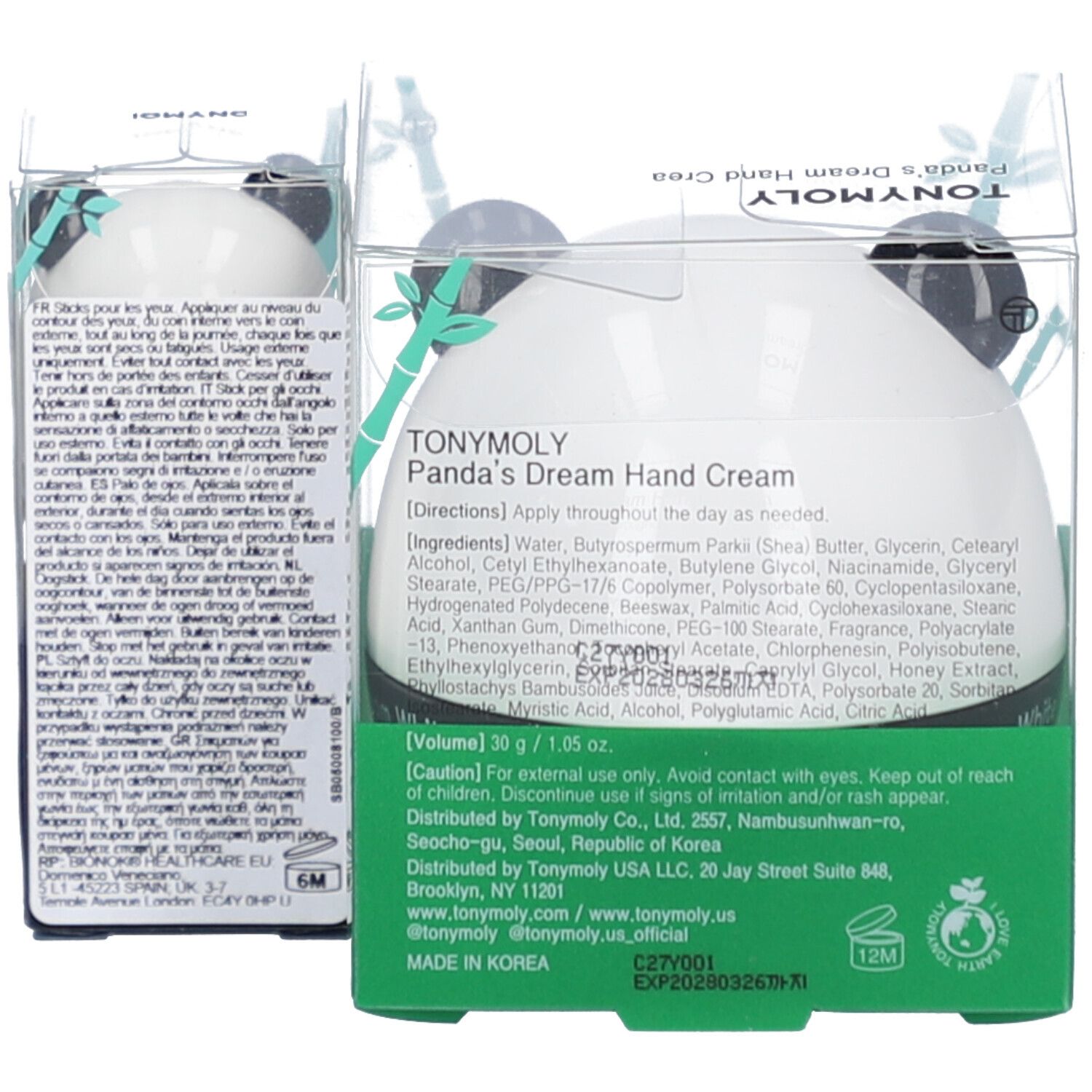 Rückseite der Handcreme-Verpackung. Produktname: Panda's Dream Hand Cream. Inhaltsstoffe und Herstellerinformationen sind sichtbar.