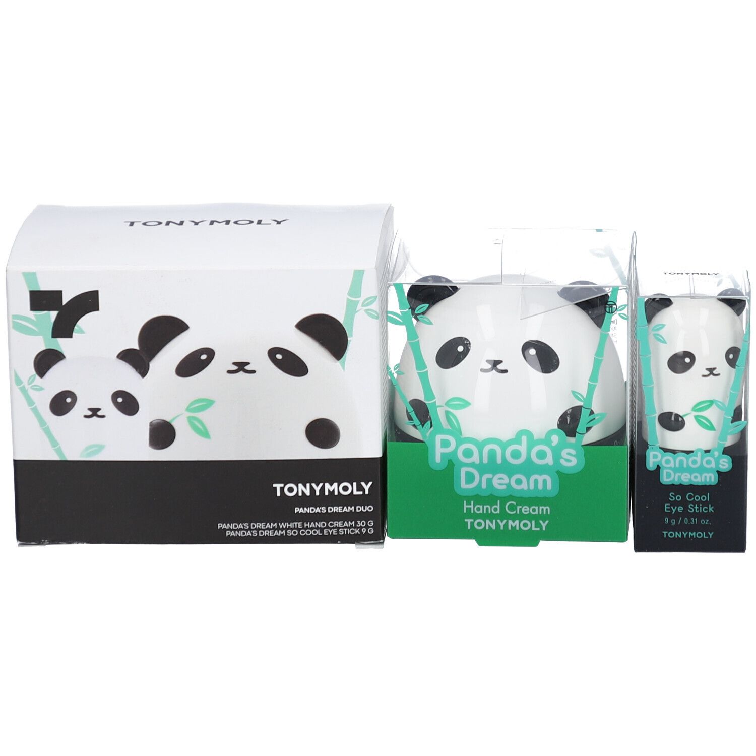 Verpackung mit Panda-Motiv. Enthält Handcreme und Augenstick. Produktnamen: Panda's Dream Duo, Hand Cream, So Cool Eye Stick.
