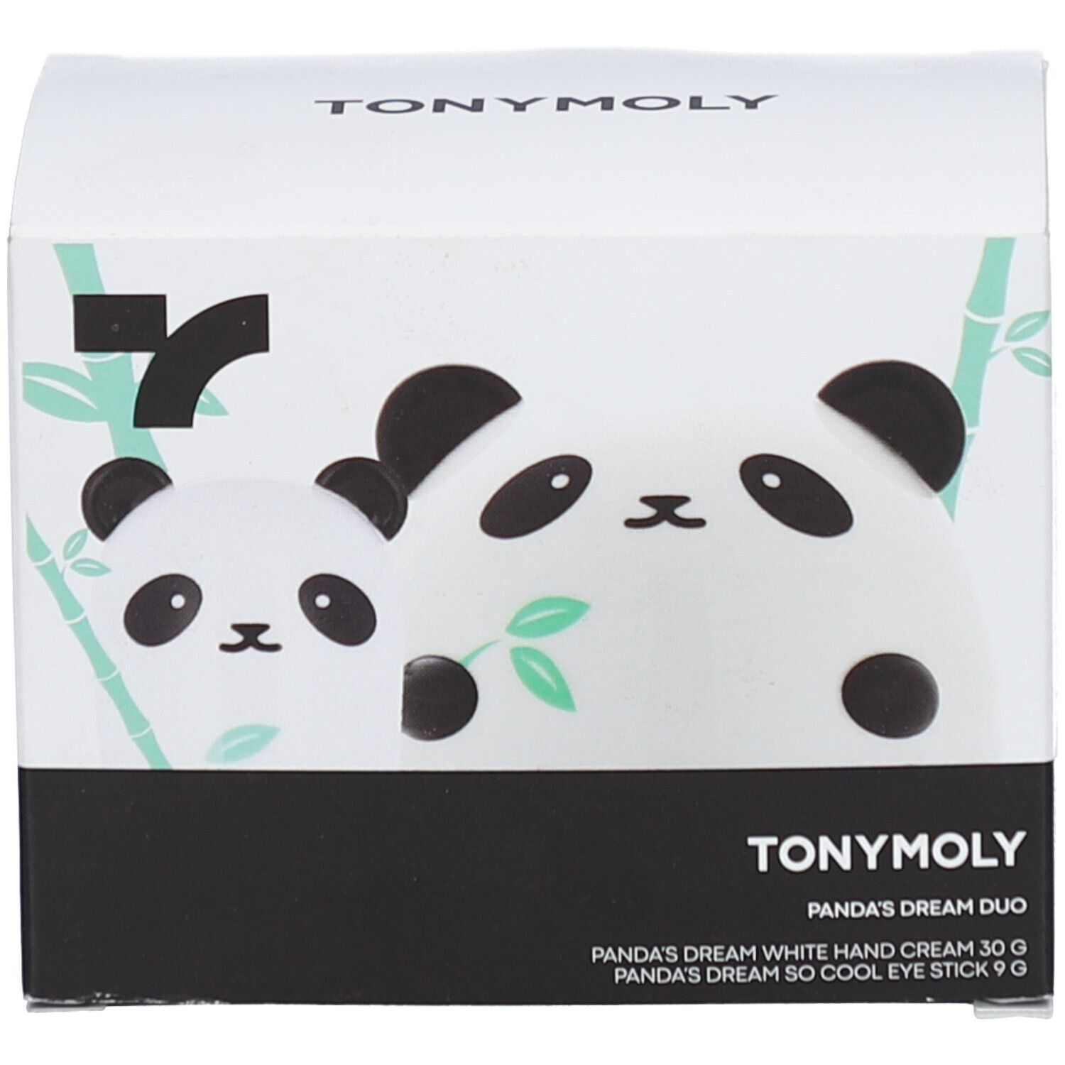 Verpackung mit Panda-Motiv. Produktnamen: Panda's Dream Duo, Panda's Dream White Hand Cream, Panda's Dream So Cool Eye Stick.