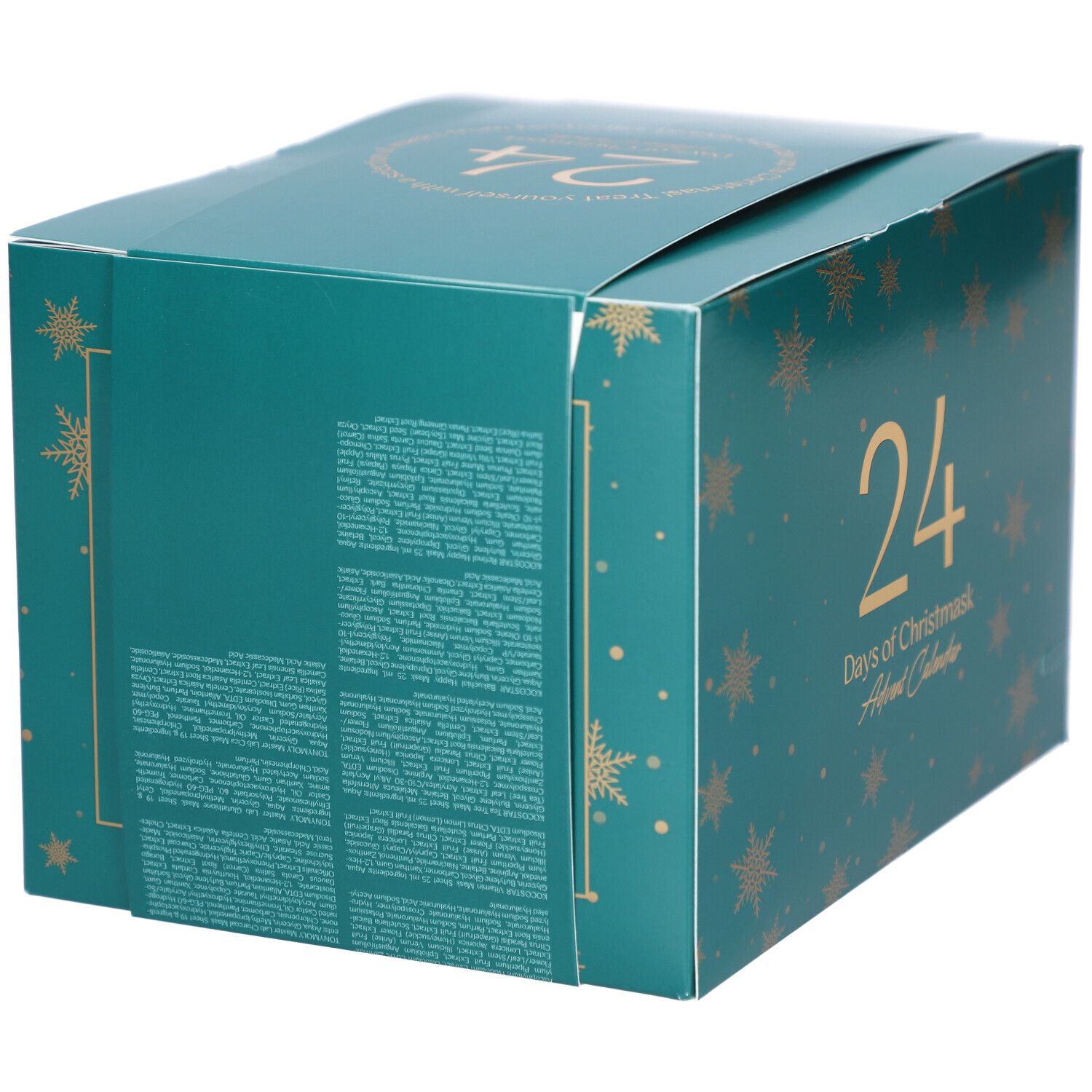 Türkisgrüner Adventskalender mit Text auf der Rückseite. Goldene Schneeflocken und Aufschrift: 24 Days of Christmask Advent Calendar.